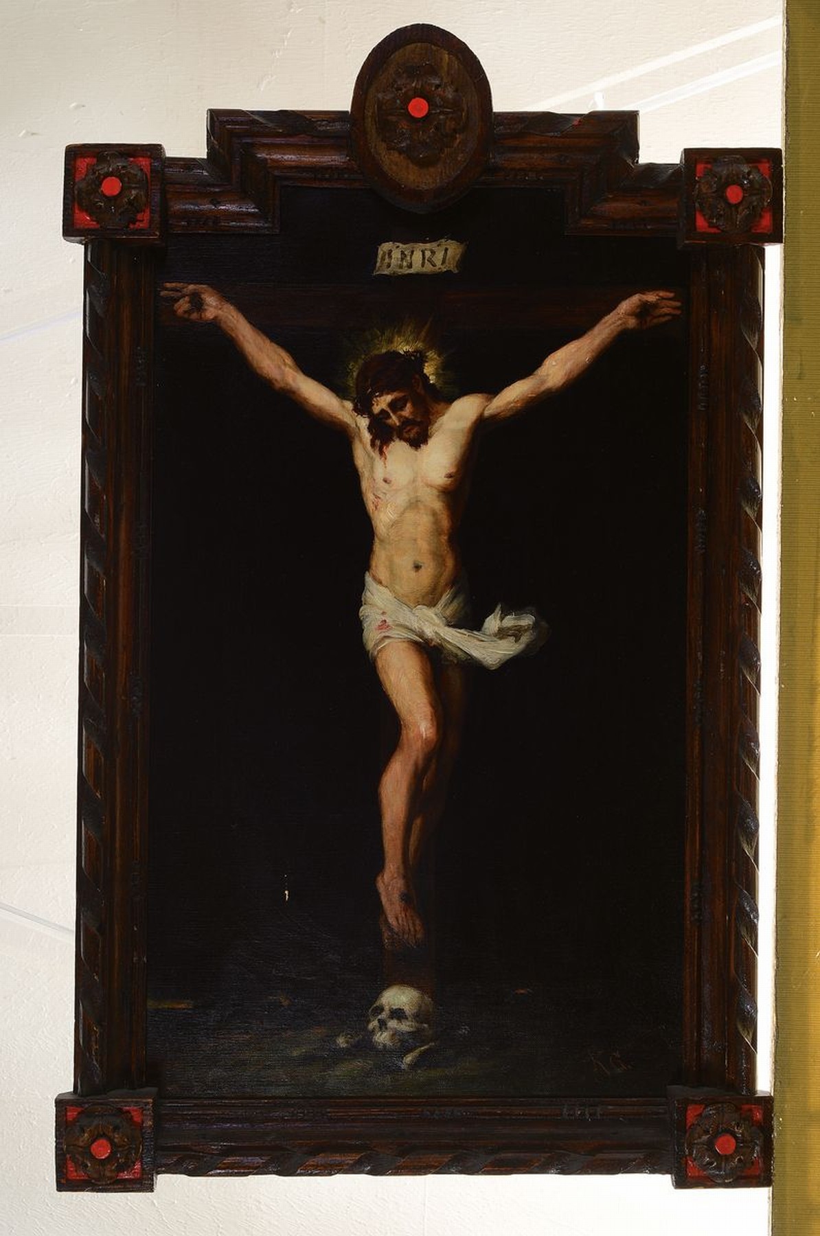 Detail k: Monogrammist KG, deutsch, um 1880-1890, der gekreuzigte Christus, Öl/Lwd, rechts unten monogrammiert, kleinere Farbschäden, ausdrucksvolle Malerei, ...