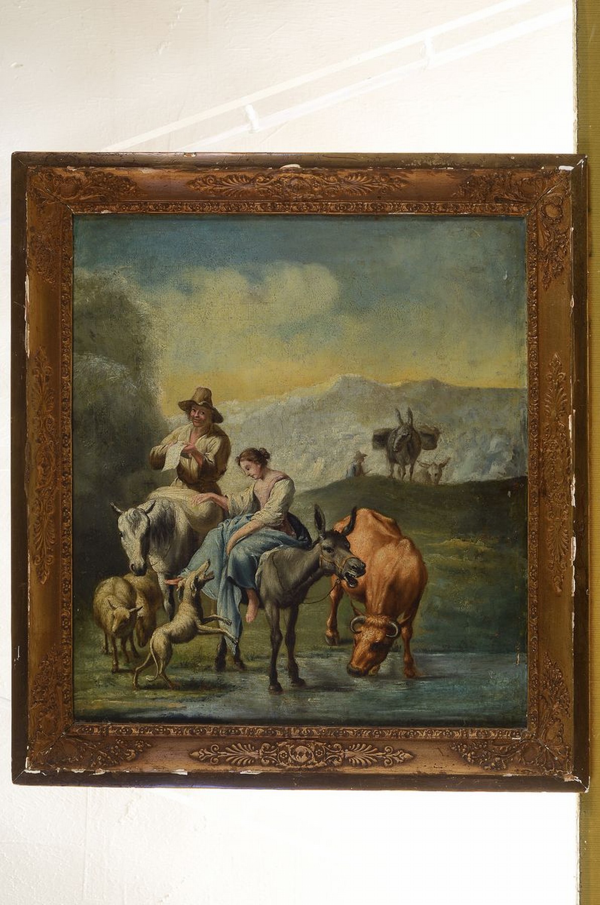 Detail k: Unbekannter Künstler, wohl Frankreich, um 1830-40, Personen mit ihrem Vieh auf dem Weg im Gebirge, die auf dem Esel reitende Frauwird von einem Hund ...
