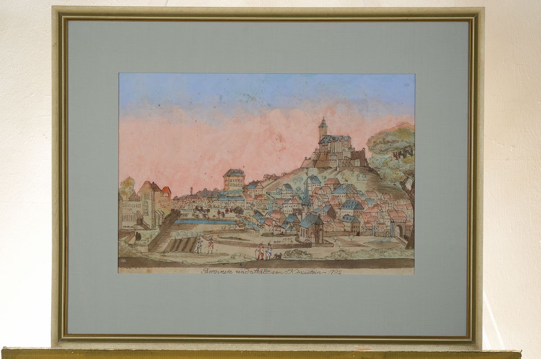 Detail k: Panoramablatt, datiert 1792, Bergveste und Städtgen Königstein, Gouache auf Papier, ca. 30x45cm, PP, u.Gl., R. ca. 52x62cm