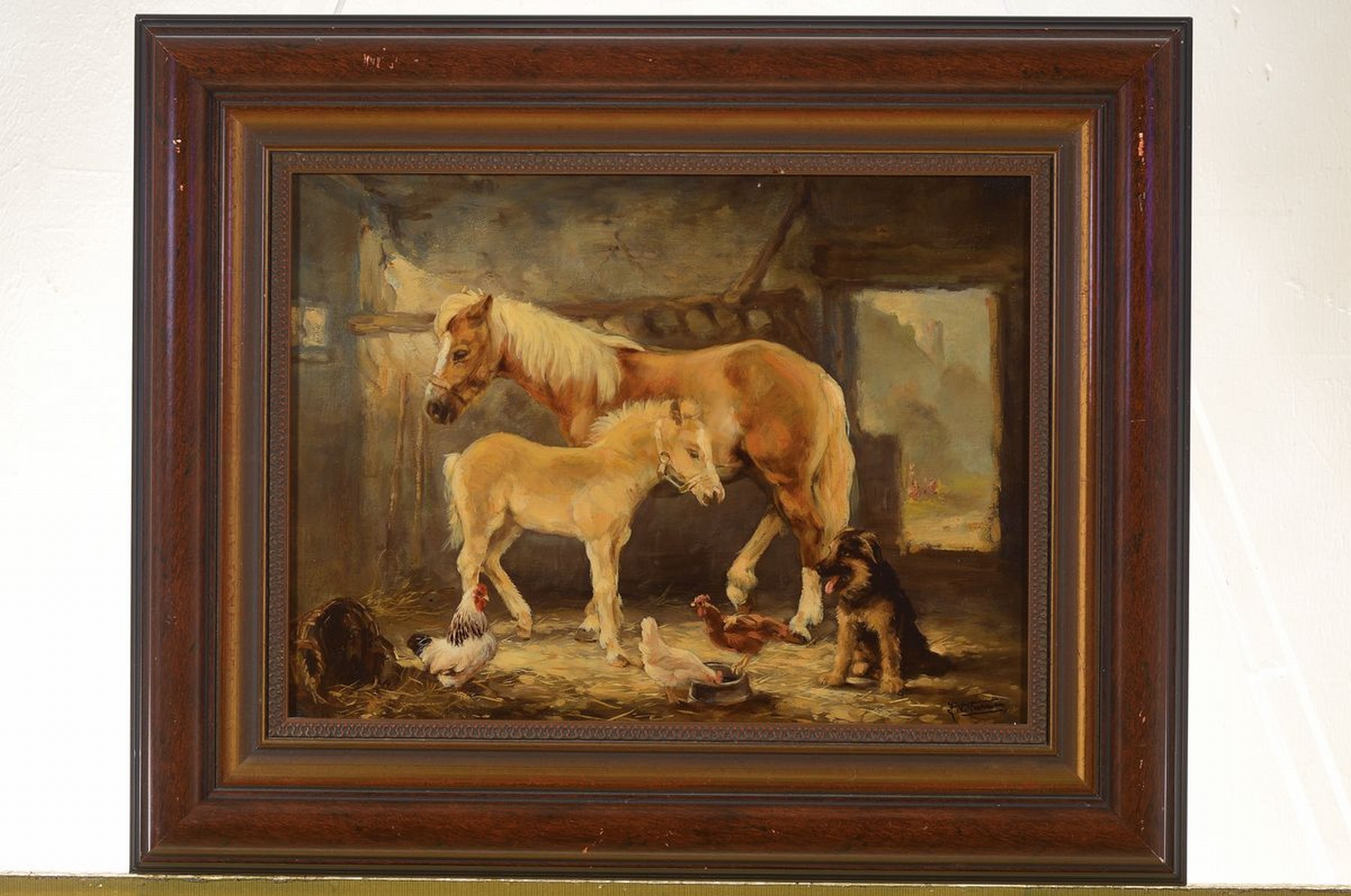 Detail k: Johannes Wouterus van Trirum, 1924 Rotterdam- 2011, Im Stall, Stute mit Fohlen, Hund und Hühner, Öl/Lwd, rechts unten signiert, ca. 30x40cm, R. ca. ...