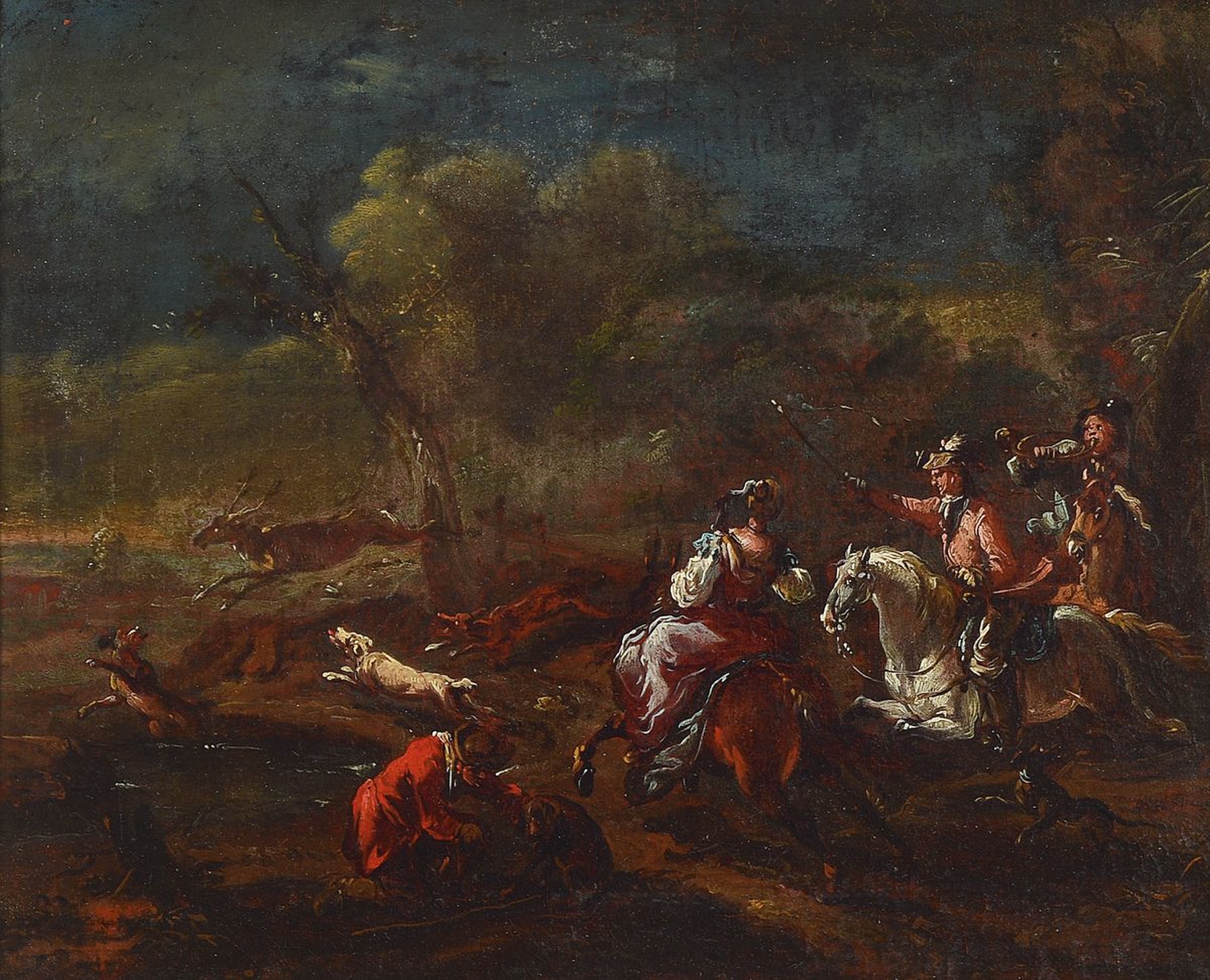 Unbekannter Künstler, süddeutsch, um 1720-30, Jagdszene, drei Hunde, zwei Reiter und eine Reiterin jagen einen Hirschen, ein Mann kauert bei einem ...