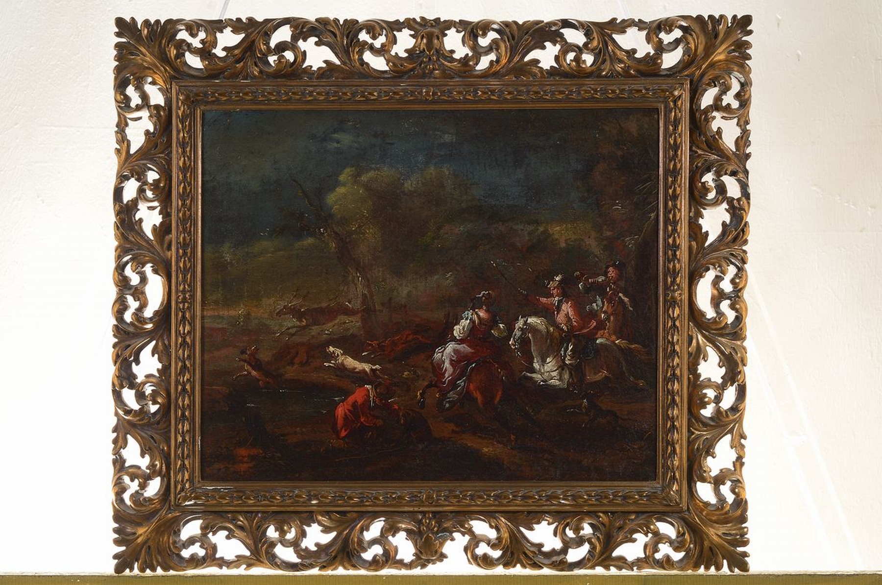 Detail k: Unbekannter Künstler, süddeutsch, um 1720-30, Jagdszene, drei Hunde, zwei Reiter und eine Reiterin jagen einen Hirschen, ein Mann kauert bei einem ...