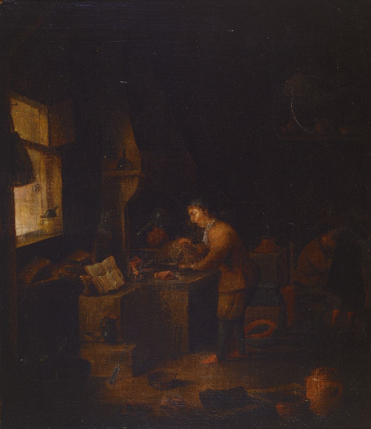 Niederländischer Künstler, um 1680, Interieur mit Apotheker beim Feuer machen im Hintergrund sitzender Mann, lasierende Malerei, 47 x 41 cm, ...
