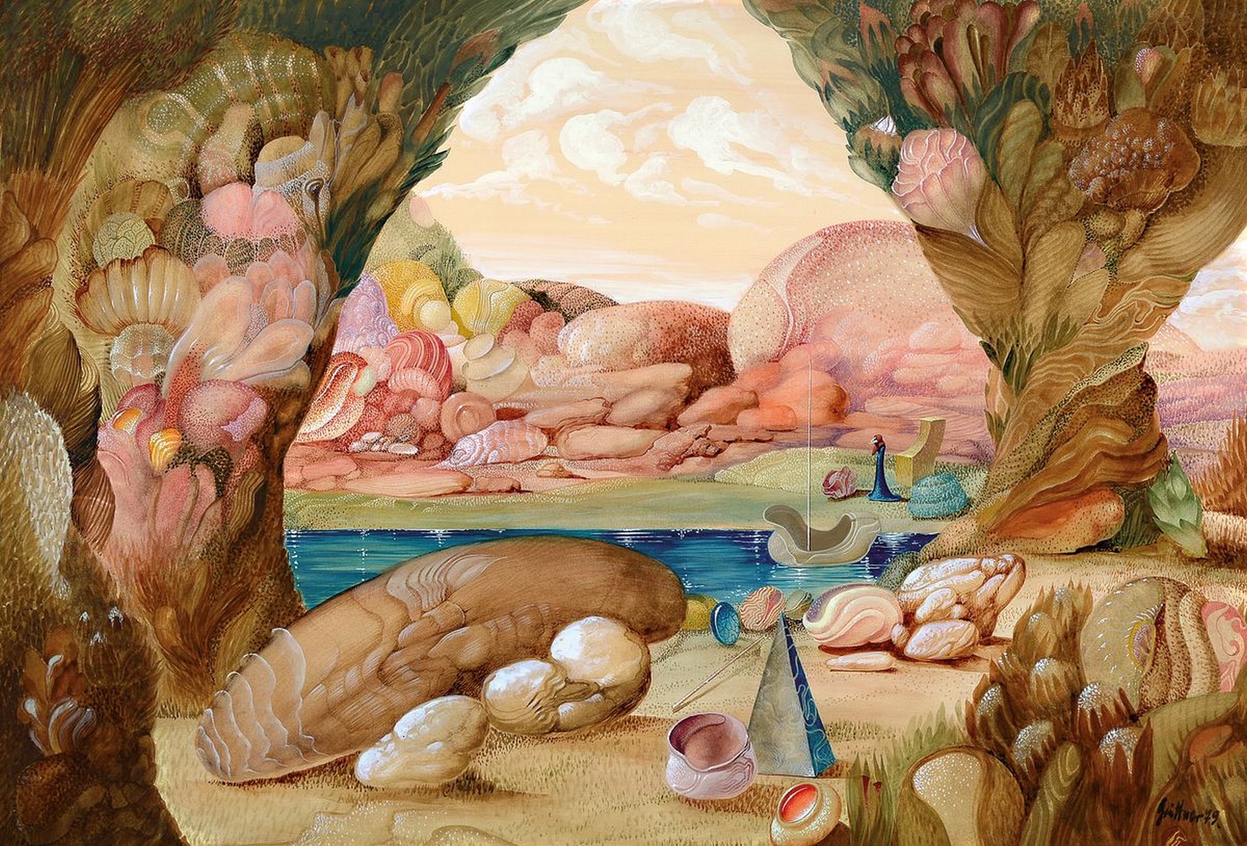 Frank Arno Grüttner, 1840 Berlin-2019 Frankfurt a.M., phantastische Landschaft, Blick aus einer Grotte, Gouache auf Papier, rechts unten signiert ...