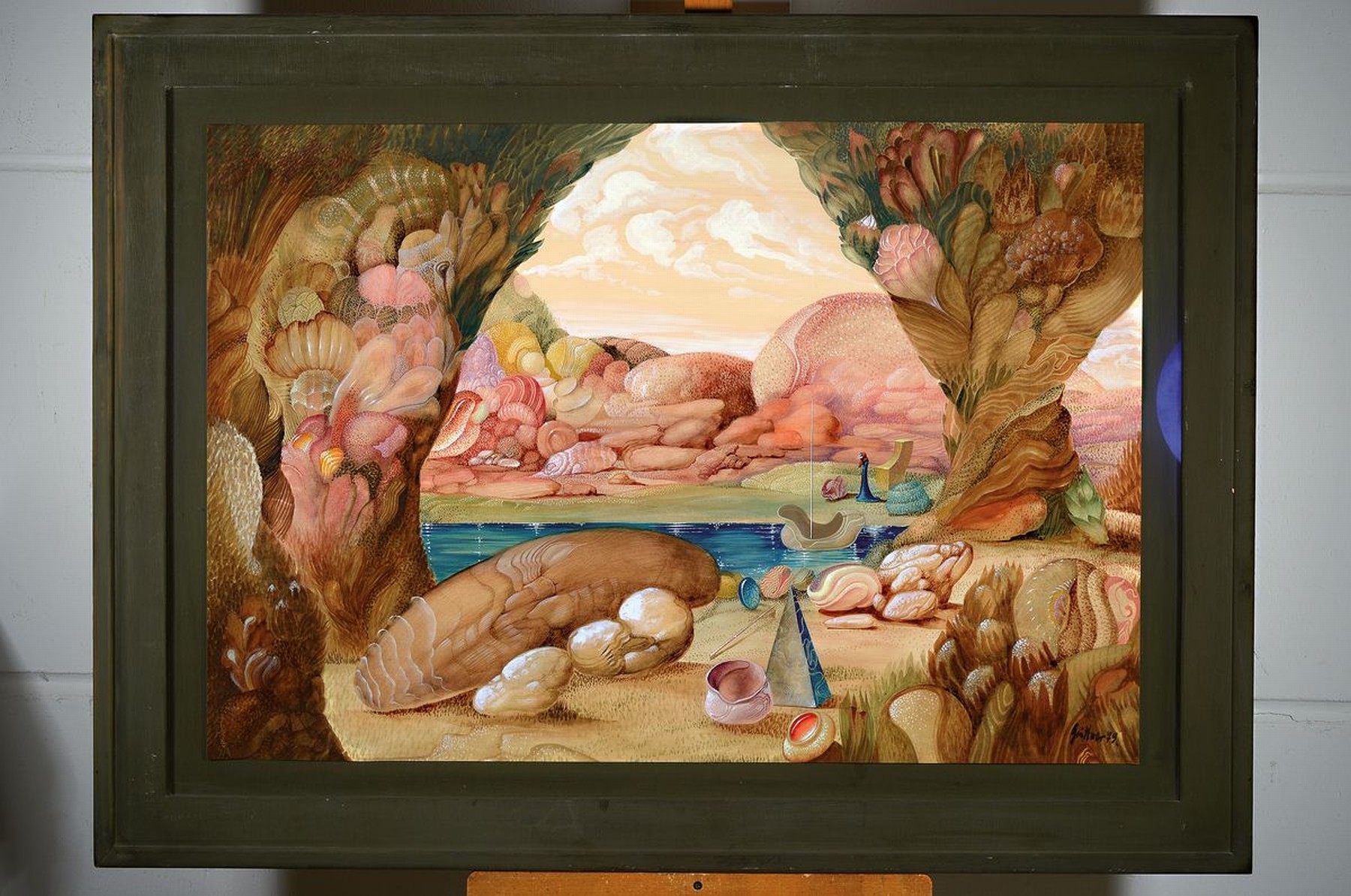 Detail k: Frank Arno Grüttner, 1840 Berlin-2019 Frankfurt a.M., phantastische Landschaft, Blick aus einer Grotte, Gouache auf Papier, rechts unten signiert ...
