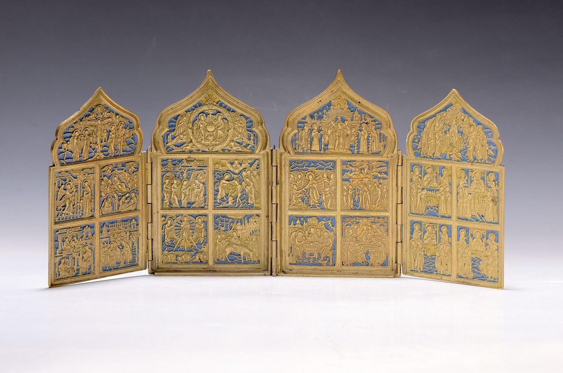 Reiseikone, Russland, Mitte 19. Jh., Messing, Vita von Jesus Christus, blau emailliert, ca. 17.5 x 40.5 cm