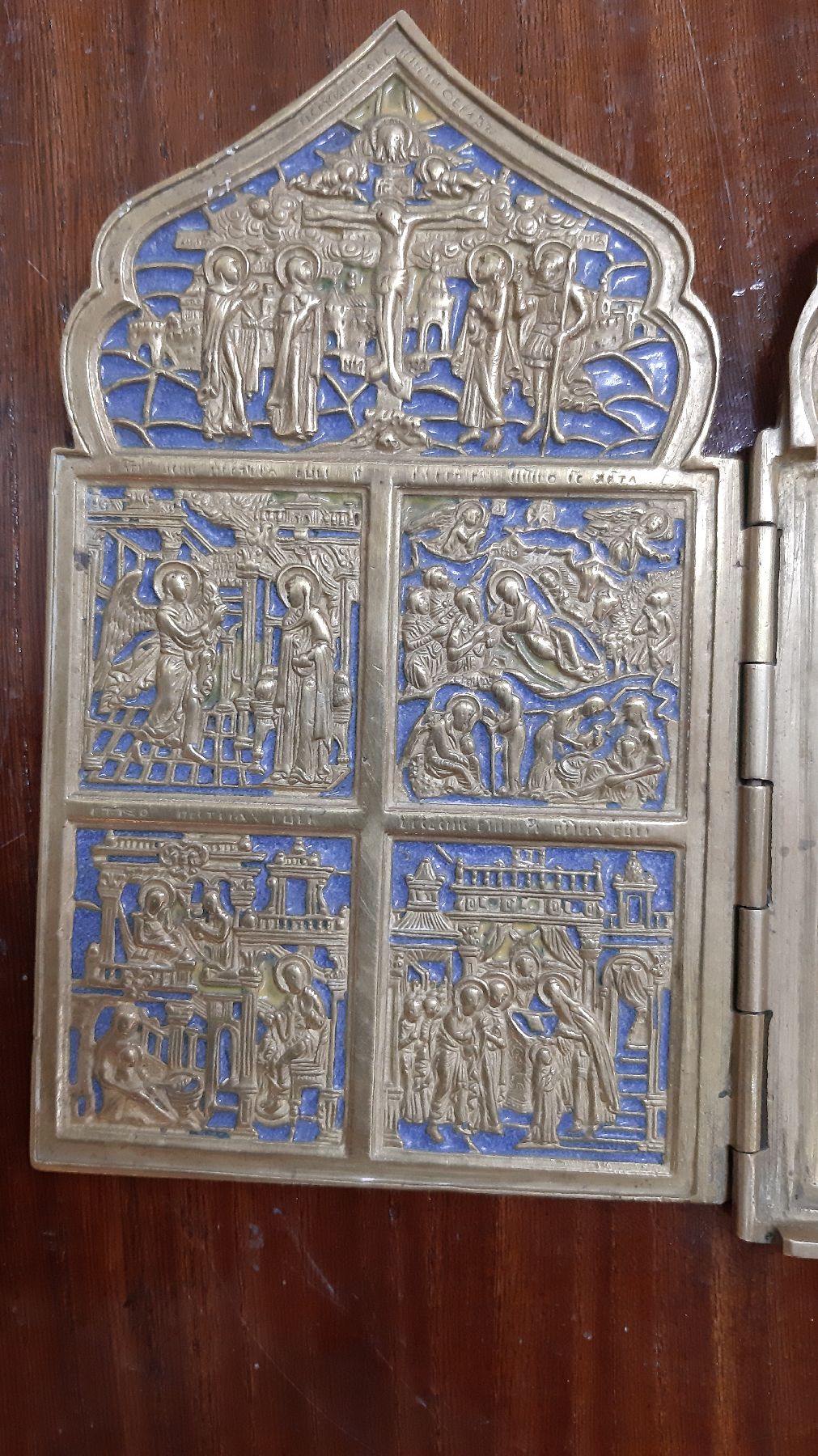 Detail i: Reiseikone, Russland, Mitte 19. Jh., Messing, Vita von Jesus Christus, blau emailliert, ca. 17.5 x 40.5 cm
