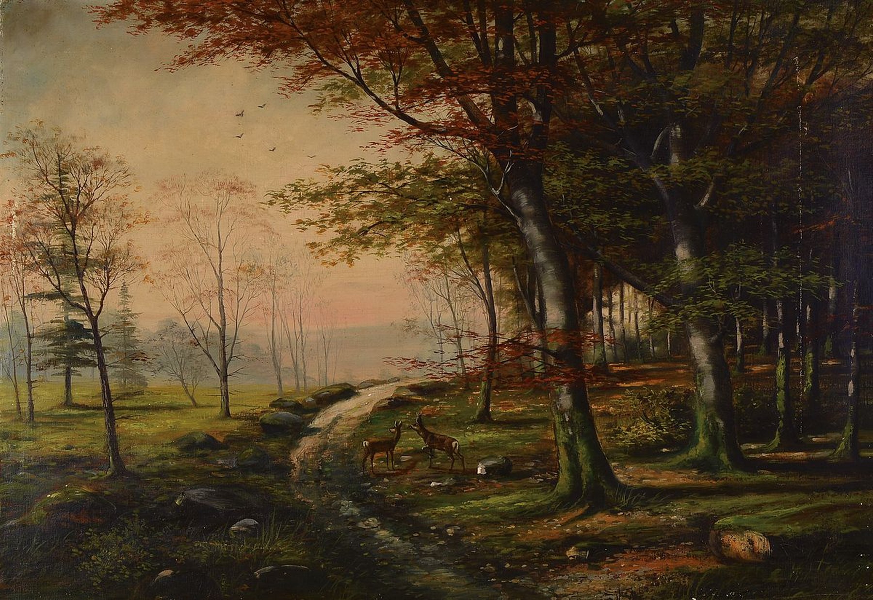 Unbekannter Künstler, deutsch, um 1900, Rehe am Waldrand, Öl/Lwd, unsigniert, mit altersbedingten Farbschäden, ca. 67x94cm, R. ca. 95x124cm, ...