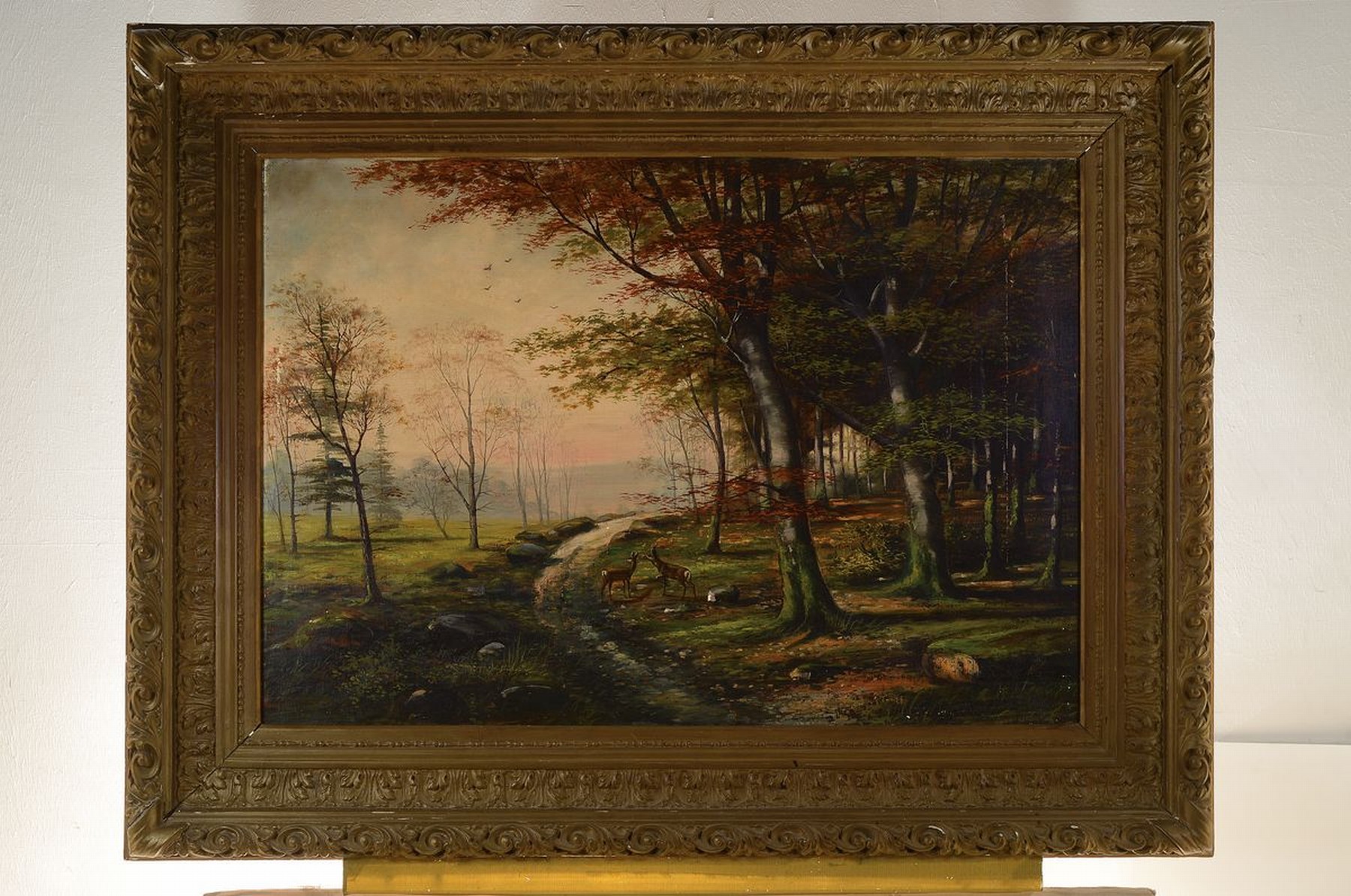 Detail k: Unbekannter Künstler, deutsch, um 1900, Rehe am Waldrand, Öl/Lwd, unsigniert, mit altersbedingten Farbschäden, ca. 67x94cm, R. ca. 95x124cm, ...