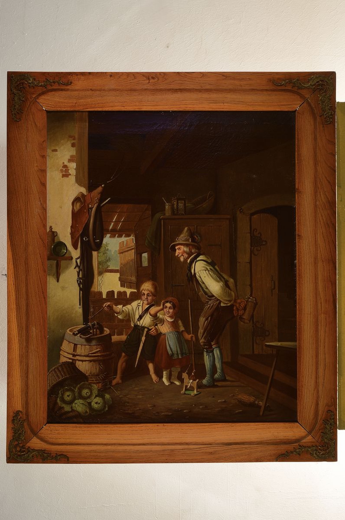 Detail k: Süddeutscher Maler um 1880/1890, Bauer mit Kindern beim Zünden einer Vorderlader Pistole, erzählende Schilderung, Öl/Lwd., krakeliert, ...