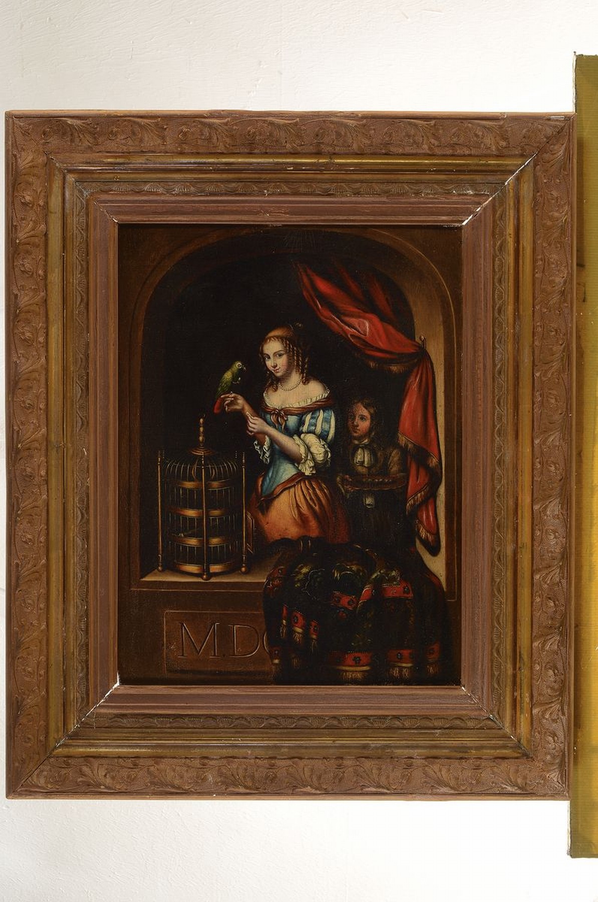 Detail k: wohl niederländischer Künstler 19. Jh., Frau mit Papagei, Öl/Lwd, nach Vorbild des 17. Jahrhunderts, ältere Restauration, Alters- und ...
