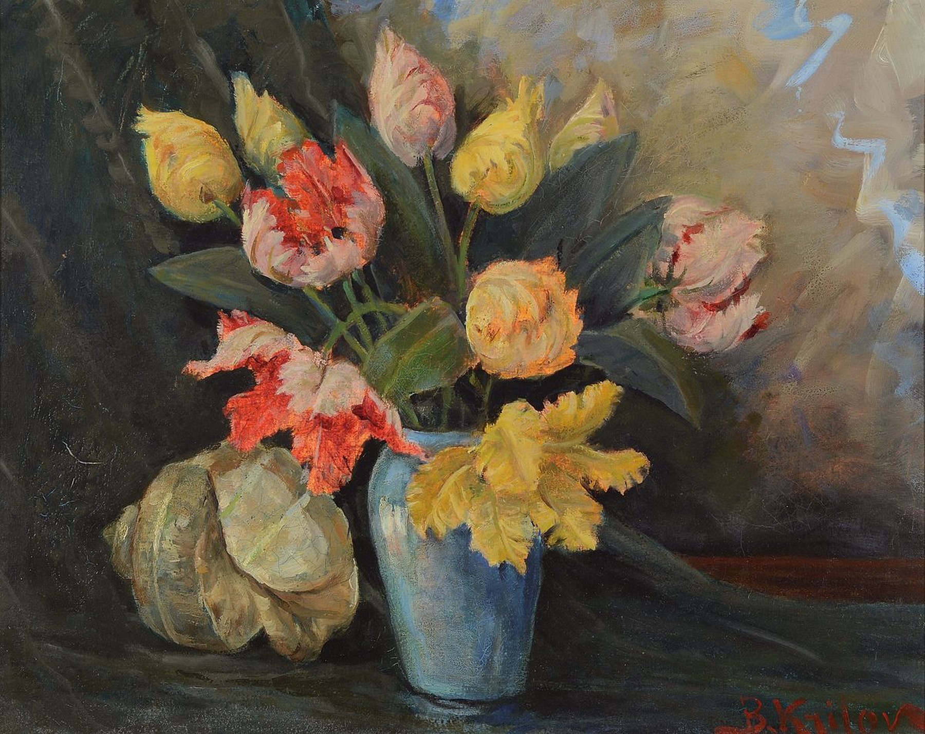 Boris Krilov, 1891 Moskau - 1977,, Tulpen inblauer Vase, Stillleben, Öl/Lwd, re. u. rot signiert, l. rest., Alters- und Gebrauchsspuren, ca. 40 x 50 ...