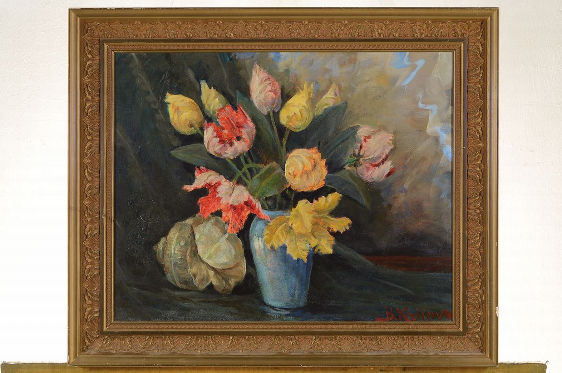 Detail k: Boris Krilov, 1891 Moskau - 1977,, Tulpen inblauer Vase, Stillleben, Öl/Lwd, re. u. rot signiert, l. rest., Alters- und Gebrauchsspuren, ca. 40 x 50 ...