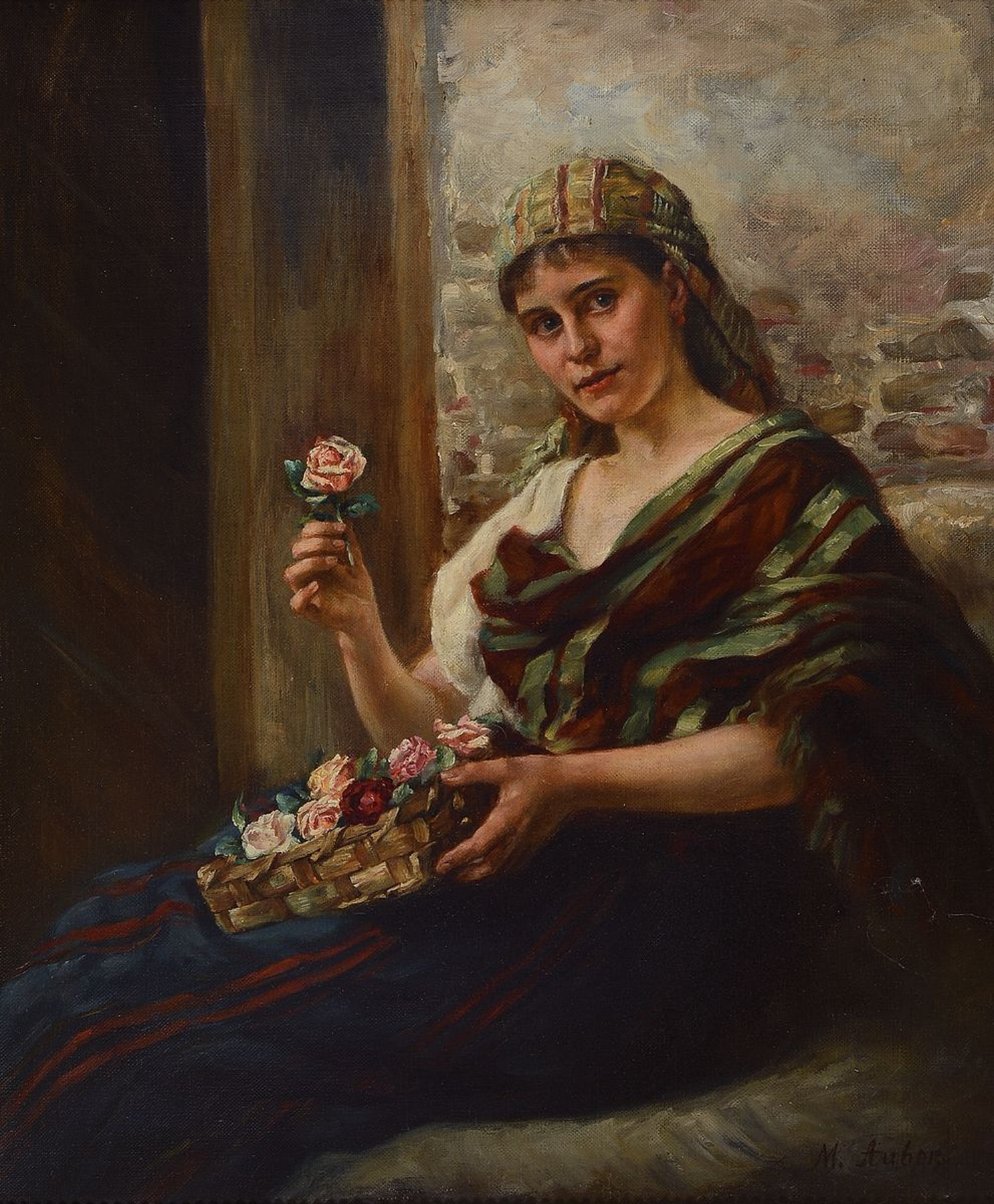 M. Auber, Künstler um 1900, südländische Rosenverkäuferin, Öl/Lwd, re. unten signiert, ca. 65 x 54 cm, Rahmen: 78 x 68 cm