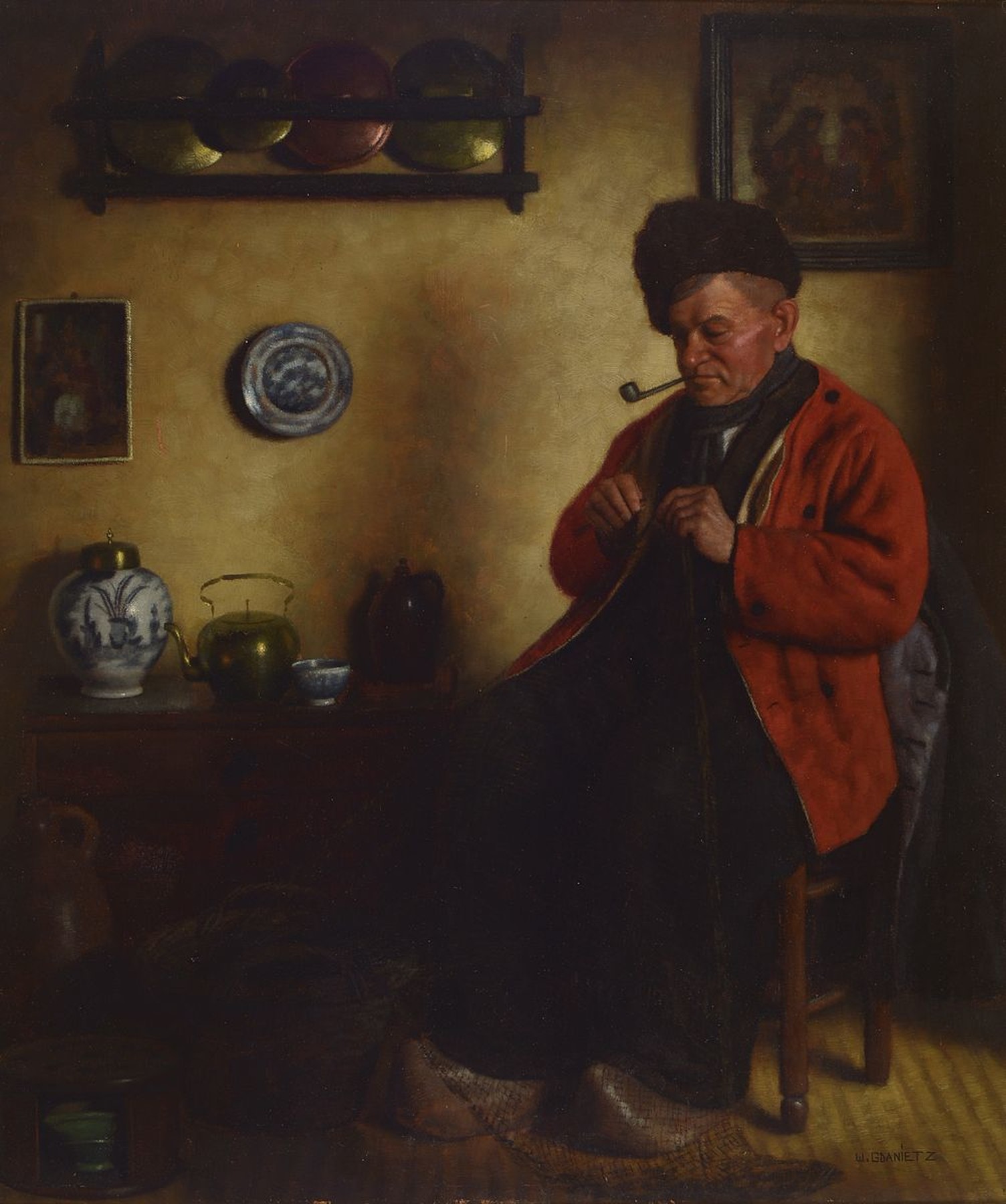 Wilhelm Gdanietz, 1893 Mainz-1962 Düsseldorf, Holländischer Fischer beim Flicken des Netzes in der Stube, Öl/Hartfaser, rechts unten signiert, ca. ...