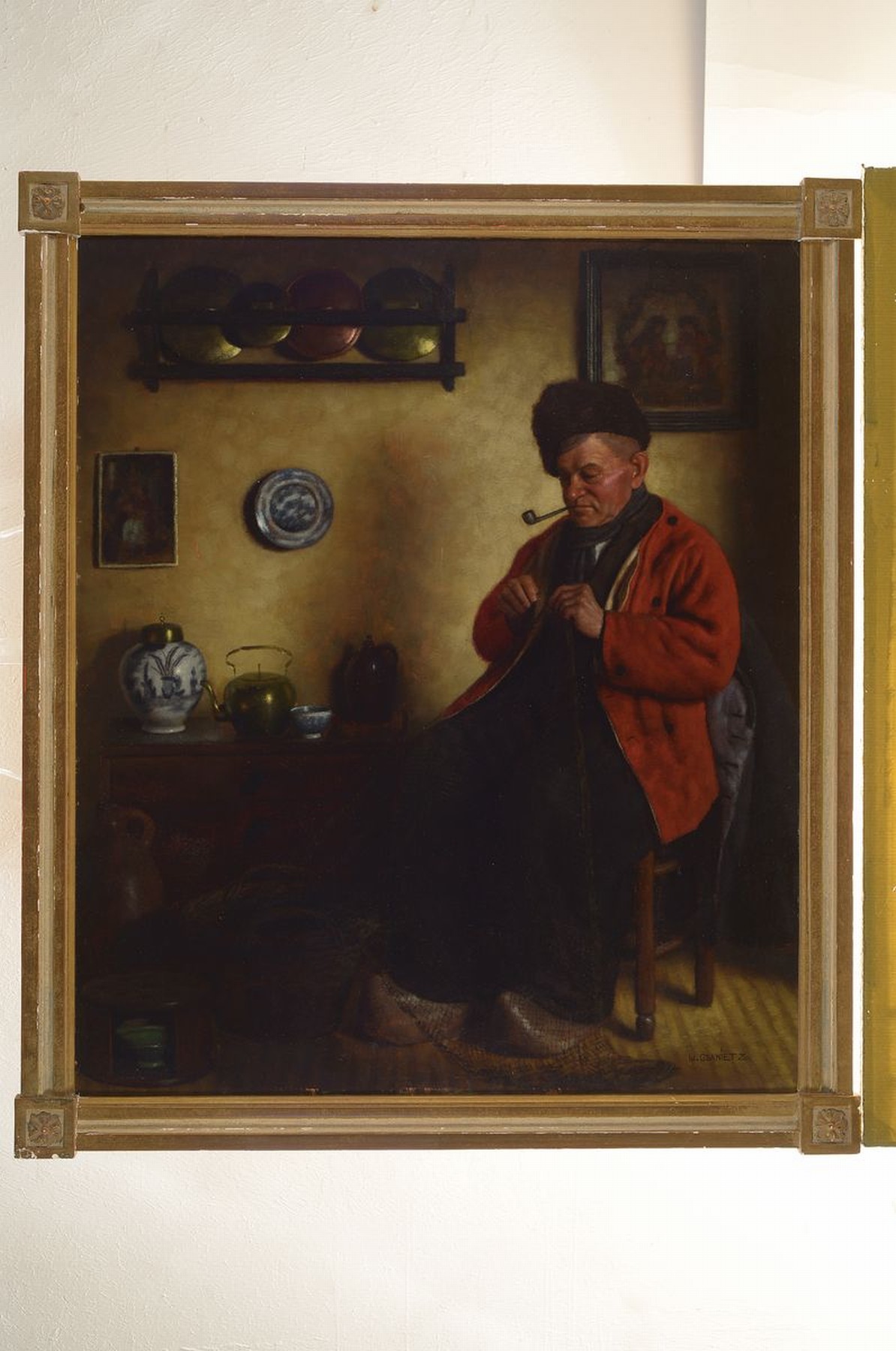 Detail k: Wilhelm Gdanietz, 1893 Mainz-1962 Düsseldorf, Holländischer Fischer beim Flicken des Netzes in der Stube, Öl/Hartfaser, rechts unten signiert, ca. ...