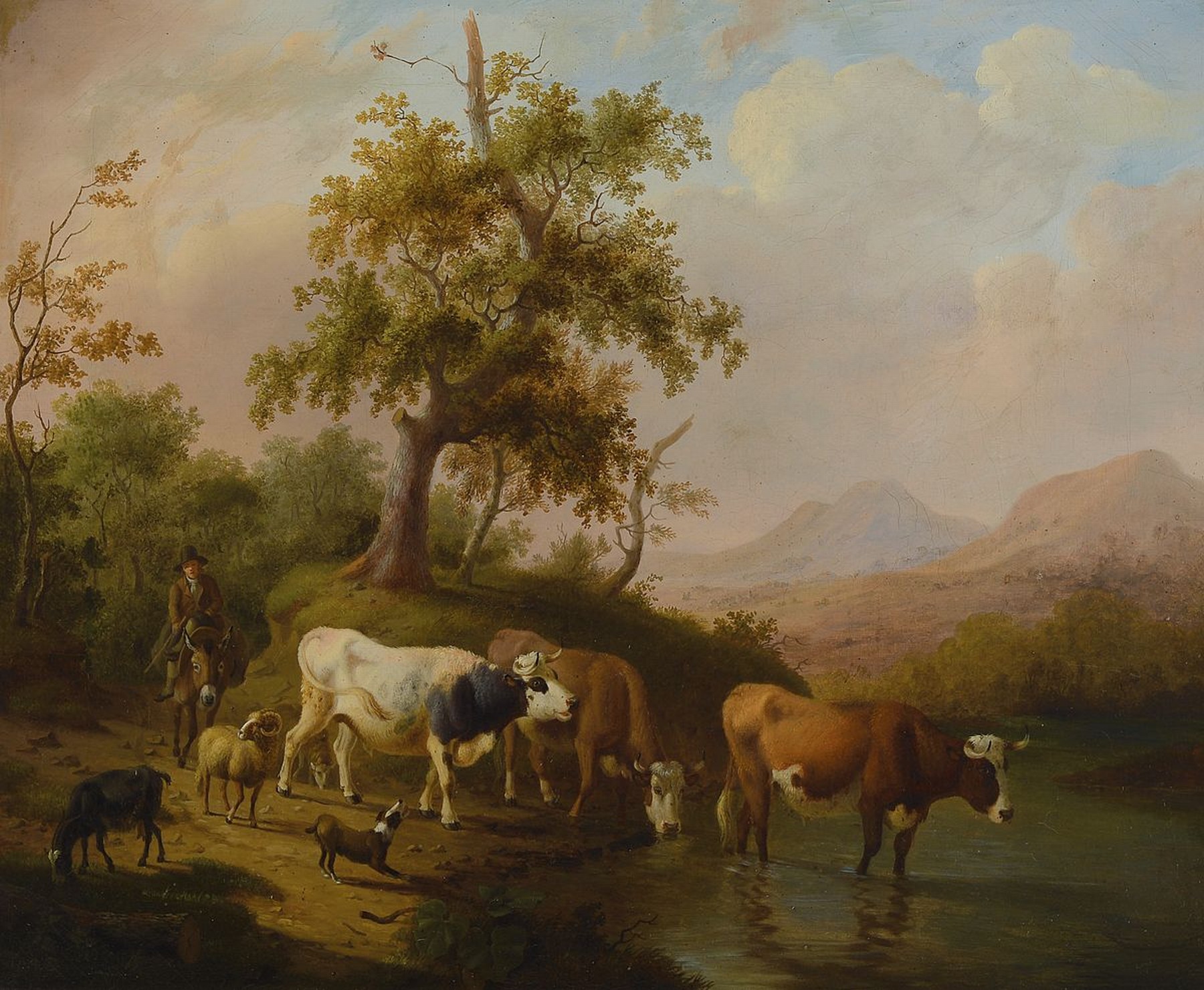 Zuschreibung: Daniel van Oosterhoudt, 1781 Tiel-1850 Kassel, lebte und arbeitete in Den Haag und Amsterdam, hier: Kühe, Schafe und Ziege am ...