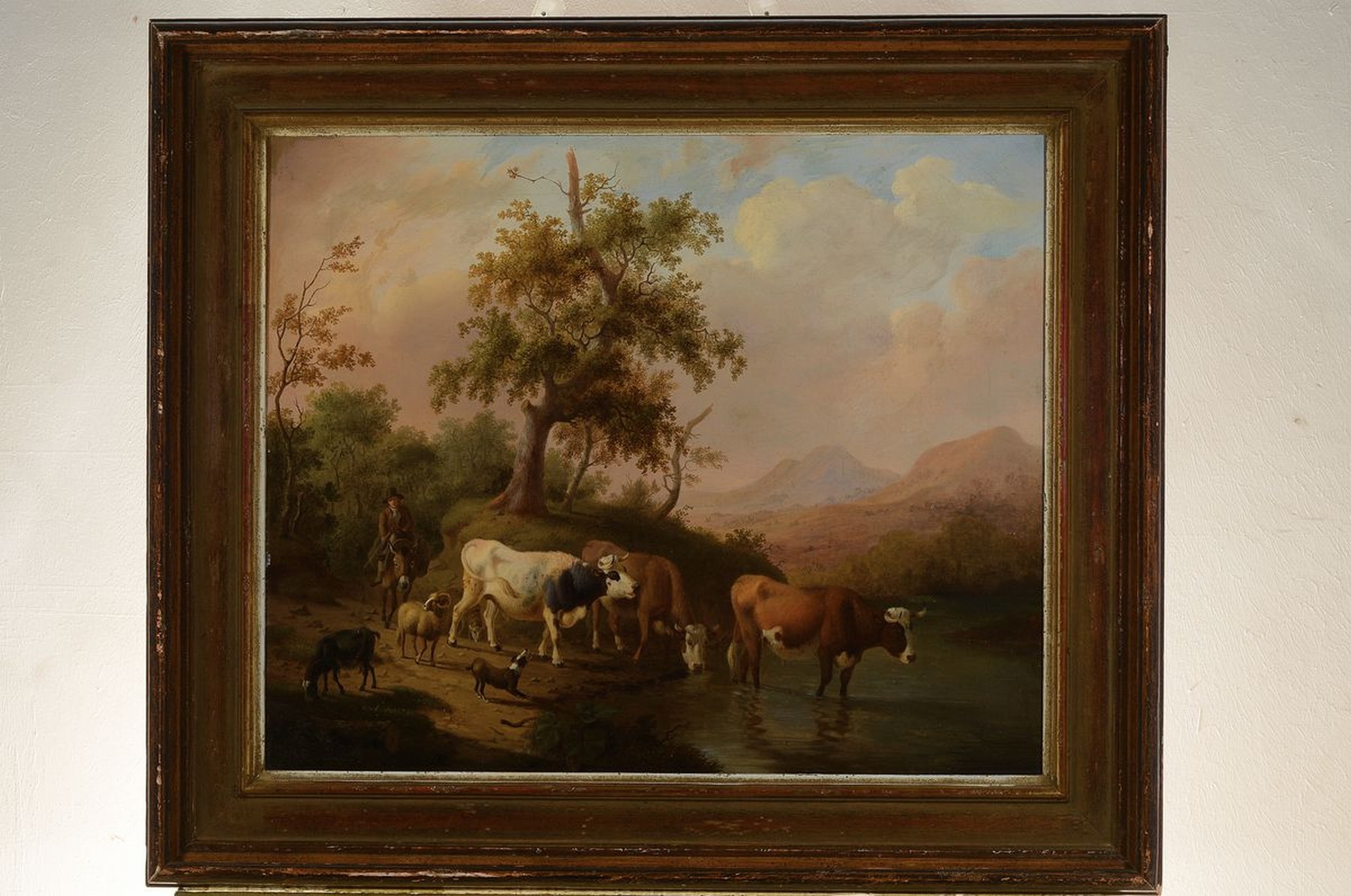 Detail k: Zuschreibung: Daniel van Oosterhoudt, 1781 Tiel-1850 Kassel, lebte und arbeitete in Den Haag und Amsterdam, hier: Kühe, Schafe und Ziege am ...