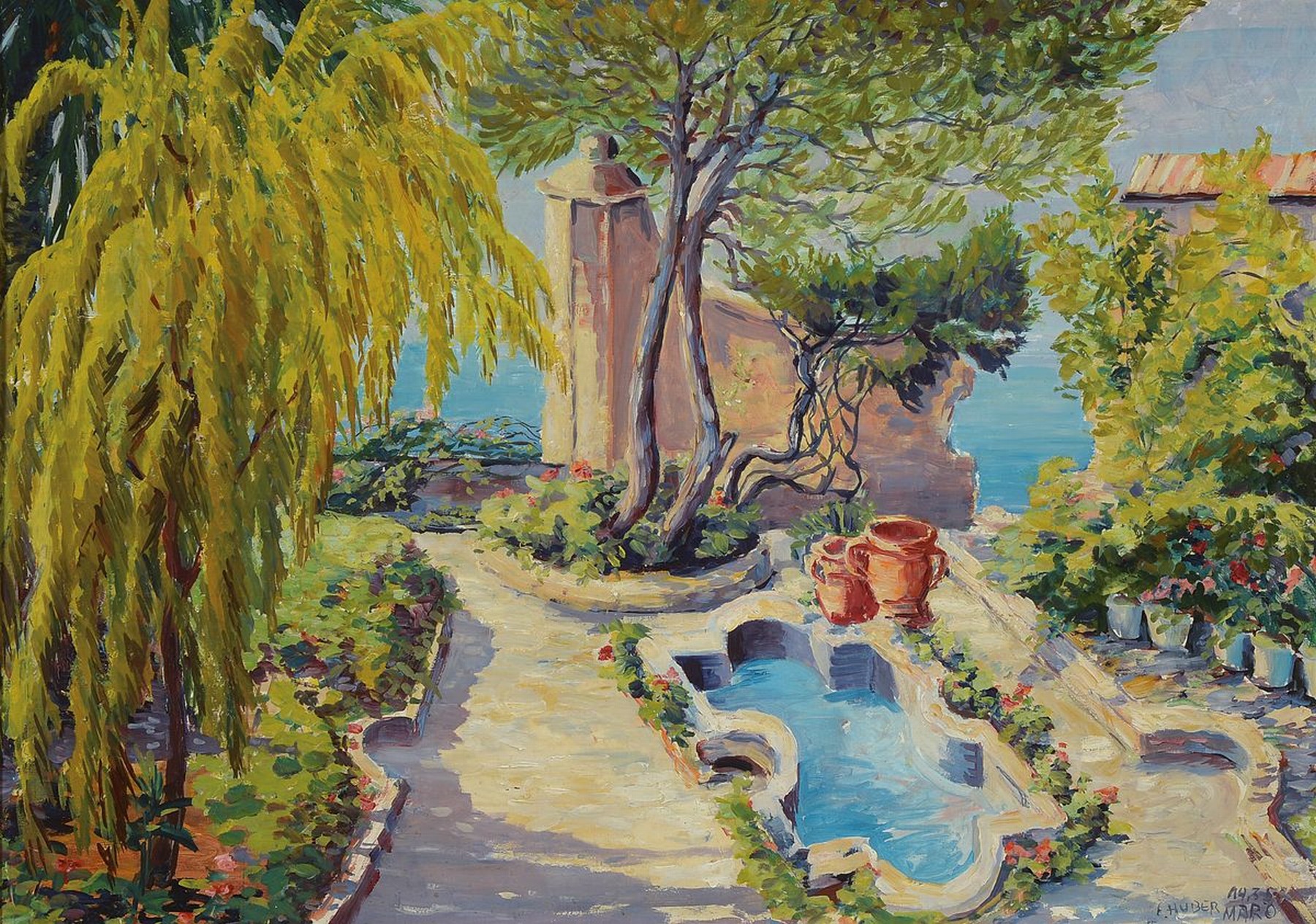 Ernst Huber, 1895-1960 Wien, Ansicht aus Maro (Andalusien), Blick in einen Park am Meer, Öl/Malkarton, rechts unten signiert E. Huber Maro 19.3.57, ...