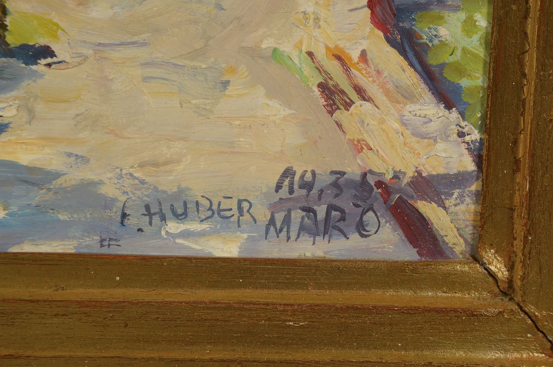 Detail a: Ernst Huber, 1895-1960 Wien, Ansicht aus Maro (Andalusien), Blick in einen Park am Meer, Öl/Malkarton, rechts unten signiert E. Huber Maro 19.3.57, ...