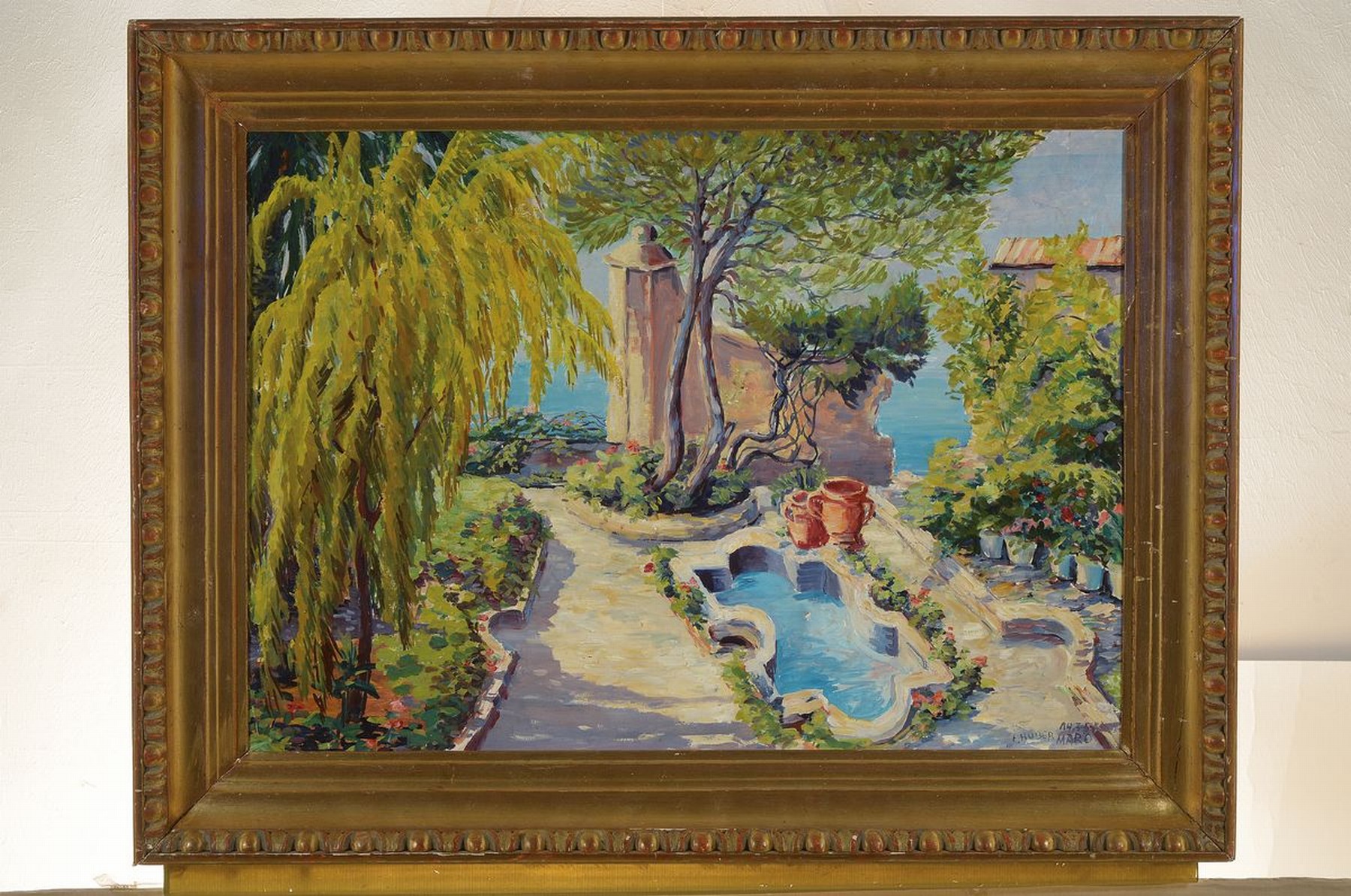 Detail k: Ernst Huber, 1895-1960 Wien, Ansicht aus Maro (Andalusien), Blick in einen Park am Meer, Öl/Malkarton, rechts unten signiert E. Huber Maro 19.3.57, ...