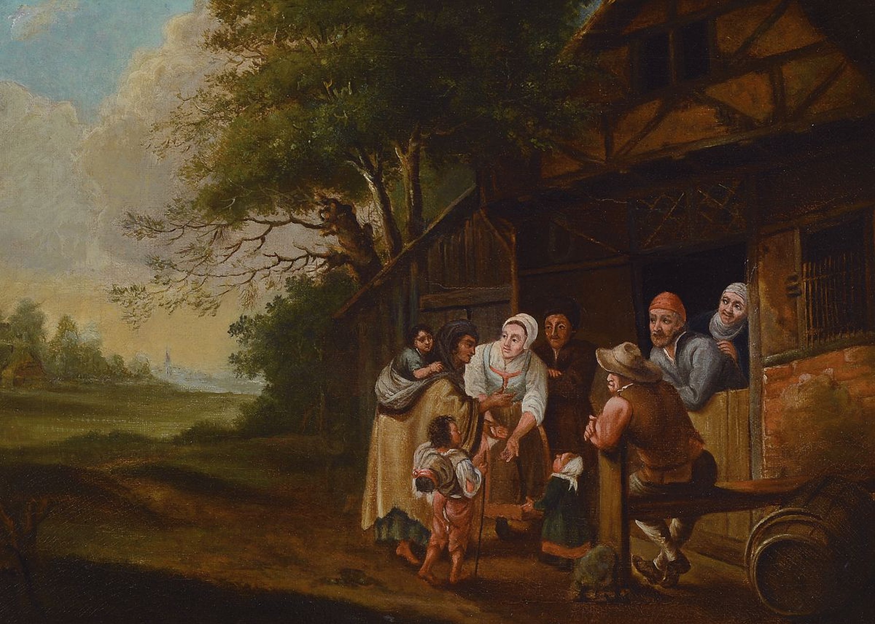 Umkreis Josst-Cornelisz Droochslot, 1586 -1666, bäuerliche Szene mit reicher Figurenstaffage, die Personen unterhalten sich mit einer ankommenden ...