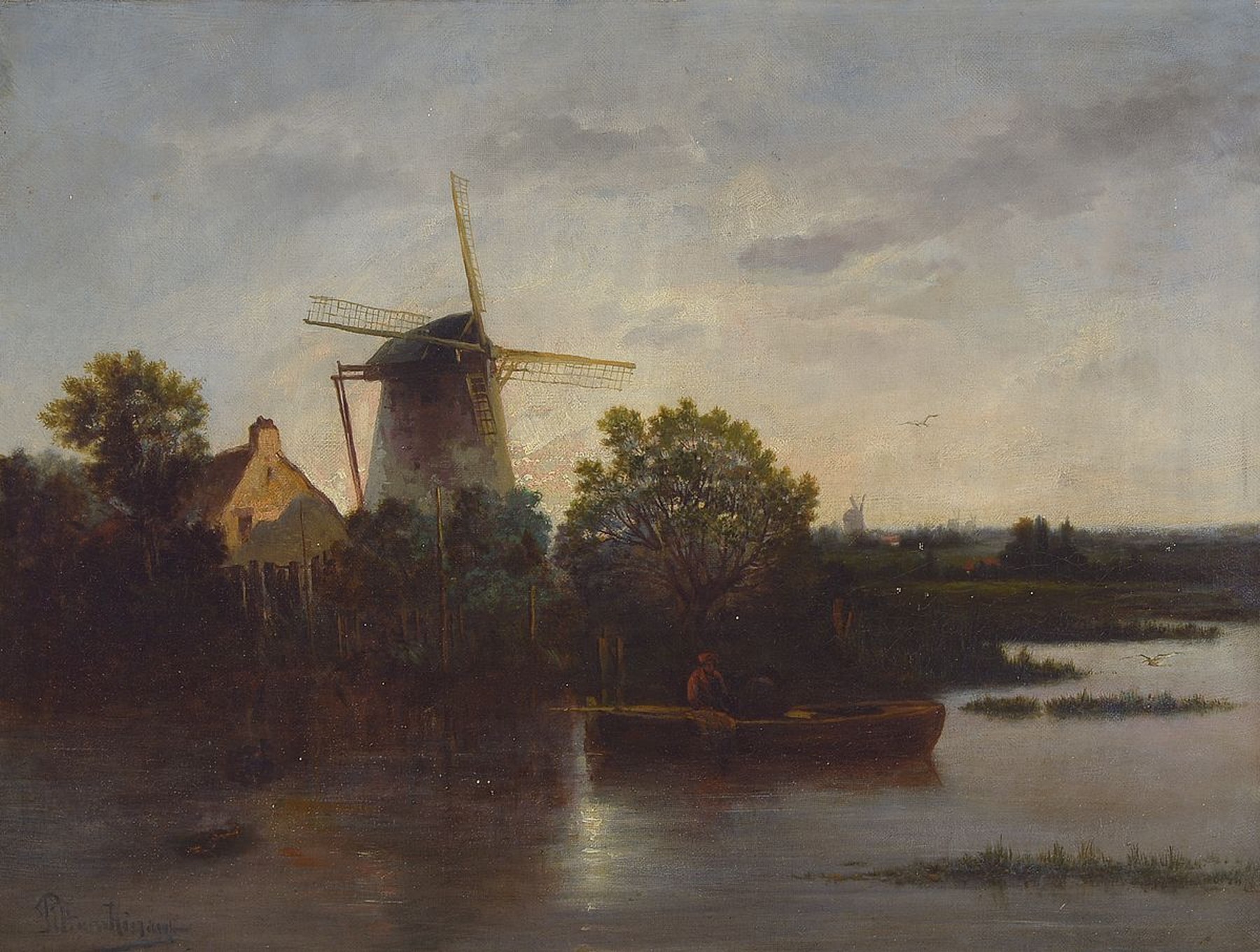 Pitt van H......, niederländischer Künstler, um 1860/70, unleserlich signiert, Mühlenlandschaft mit Fischer am Fluss, Morgengrauen, gute ...