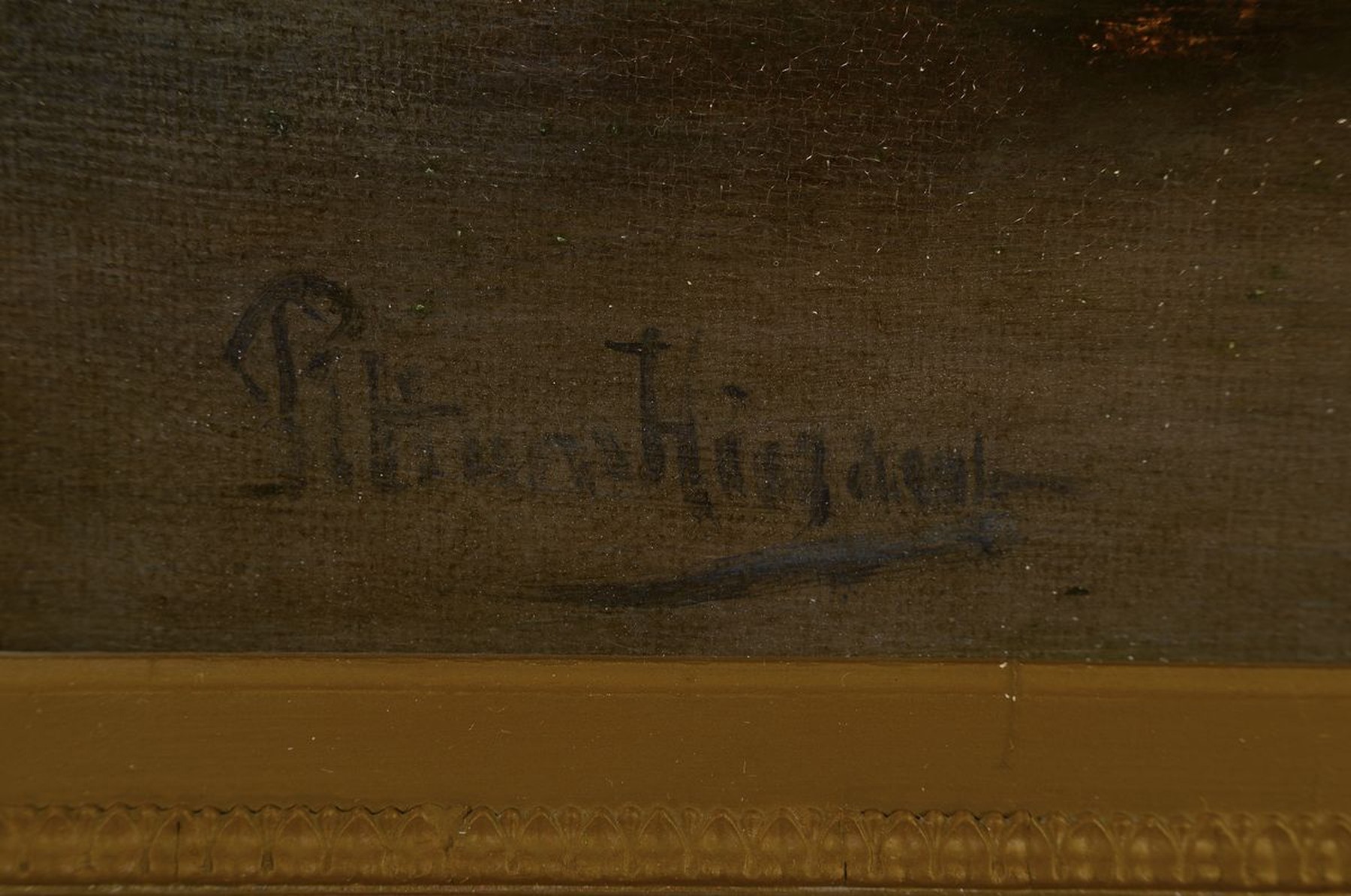 Detail a: Pitt van H......, niederländischer Künstler, um 1860/70, unleserlich signiert, Mühlenlandschaft mit Fischer am Fluss, Morgengrauen, gute ...
