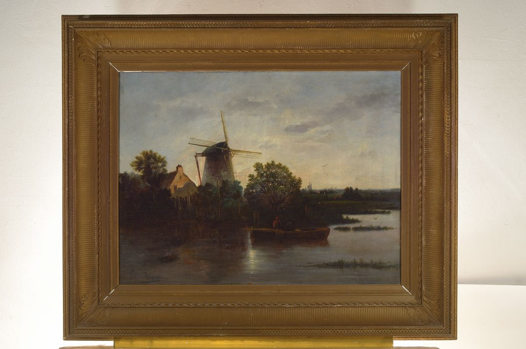 Detail k: Pitt van H......, niederländischer Künstler, um 1860/70, unleserlich signiert, Mühlenlandschaft mit Fischer am Fluss, Morgengrauen, gute ...