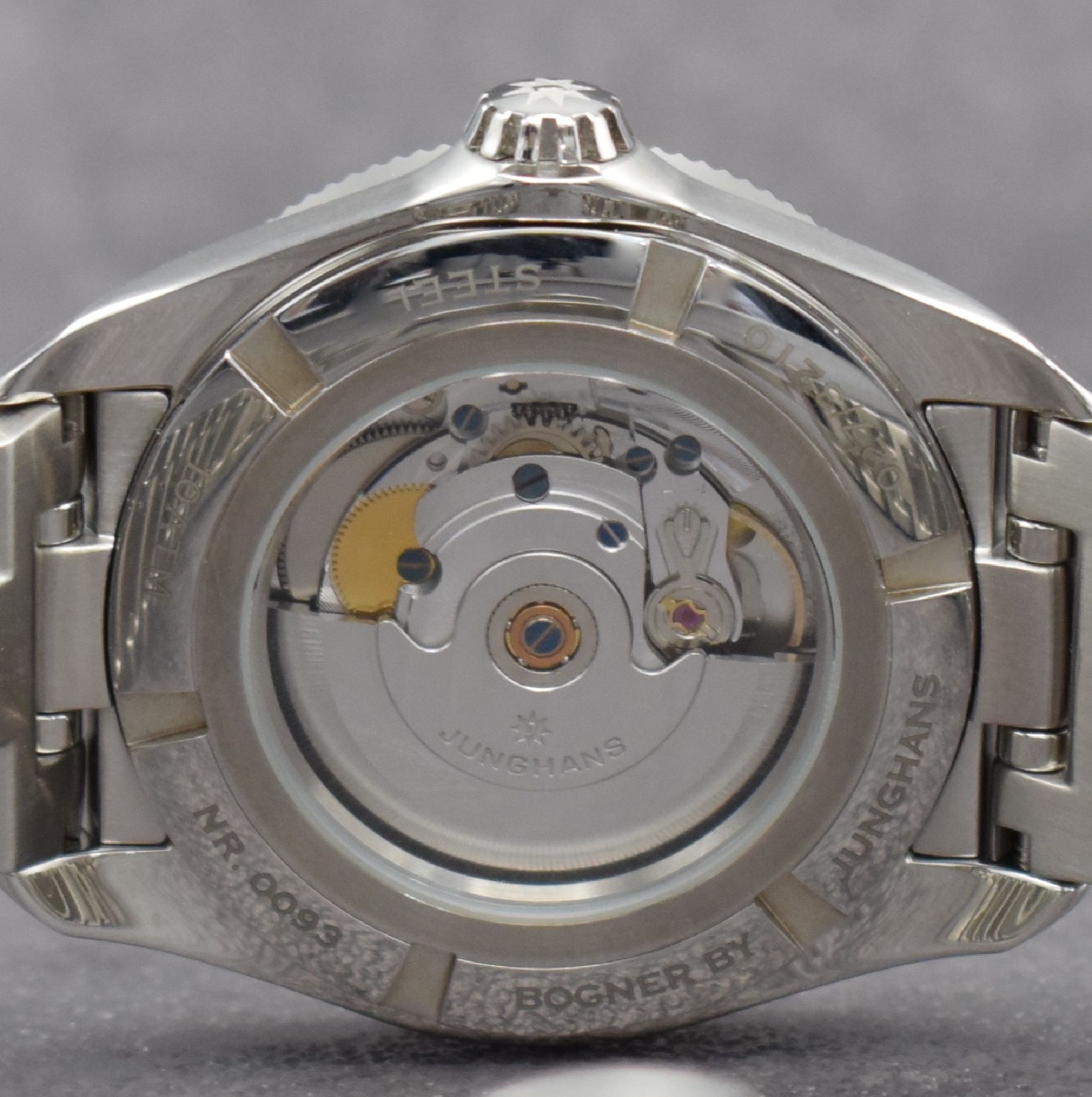 Detail d: JUNGHANS / BOGNER Herrenarmbanduhr Referenz 027/3210.44, Automatik, Deutschland um 2018, Edelstahlgeh. inkl. Gliederband m. dopp. Faltschl., beids. ...