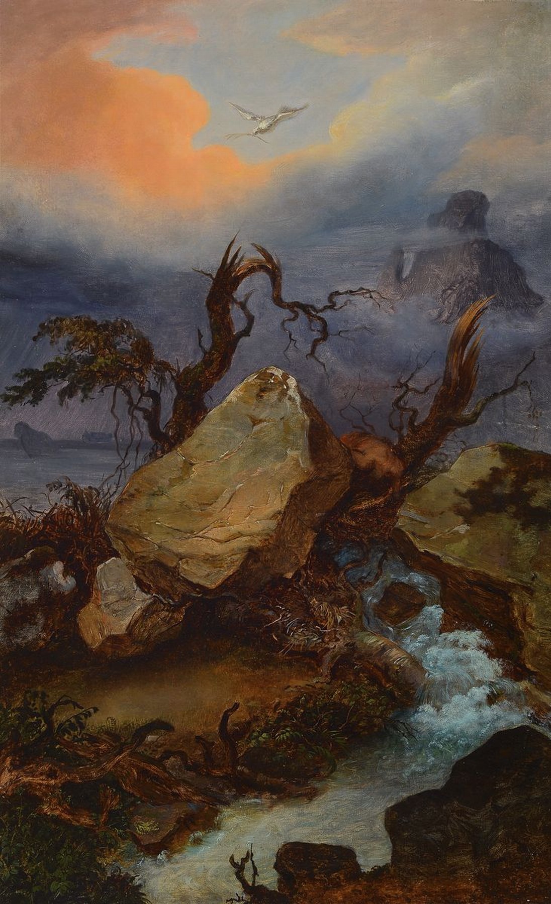 Unbekannter Maler, 2. Hälfte 19. Jh., Das Ende der Sintflut, Taube mit dem Ölzweig fliegt durch ein Wolkenloch über einem reissenden Bach, ...