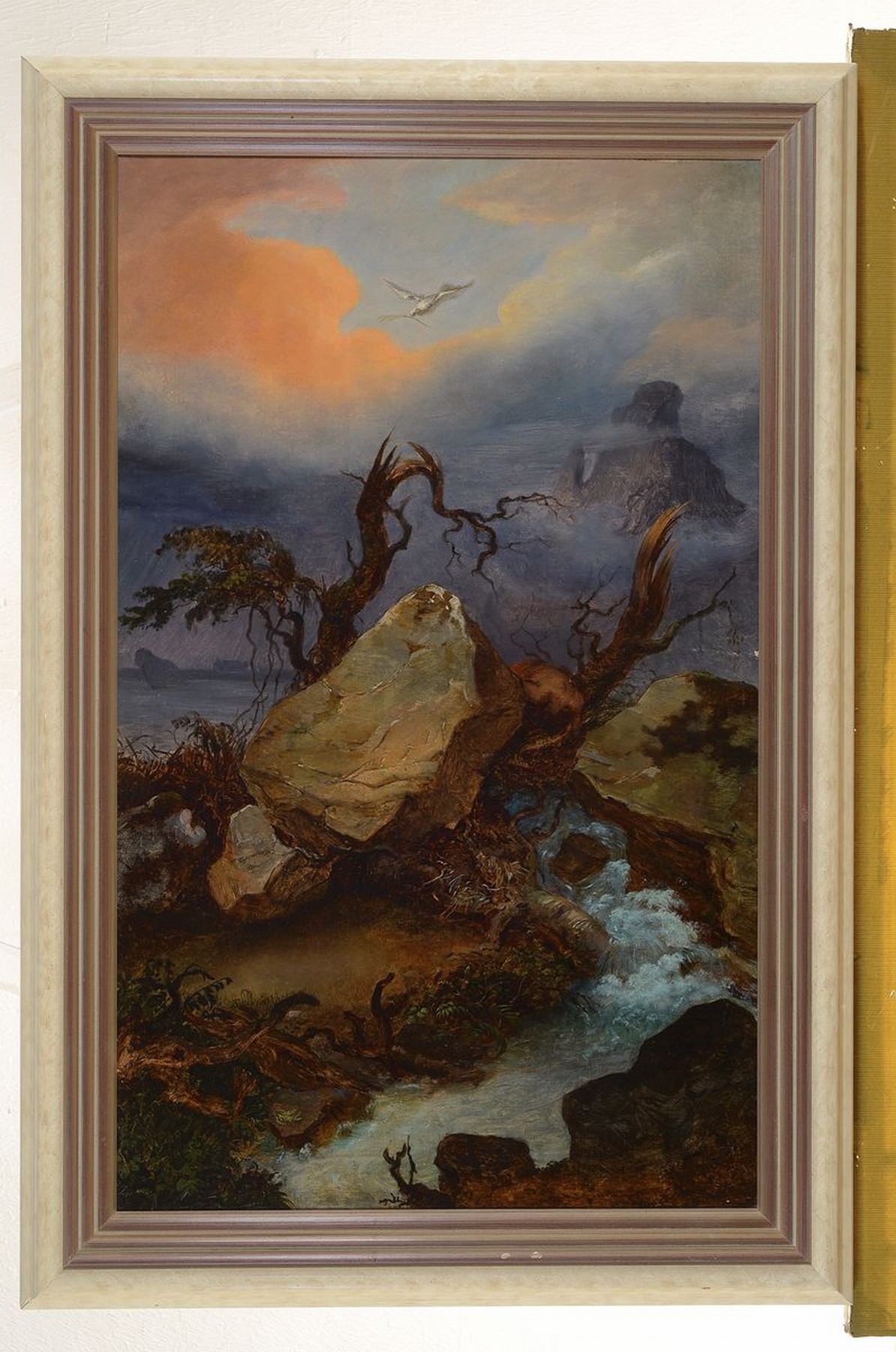 Detail k: Unbekannter Maler, 2. Hälfte 19. Jh., Das Ende der Sintflut, Taube mit dem Ölzweig fliegt durch ein Wolkenloch über einem reissenden Bach, ...