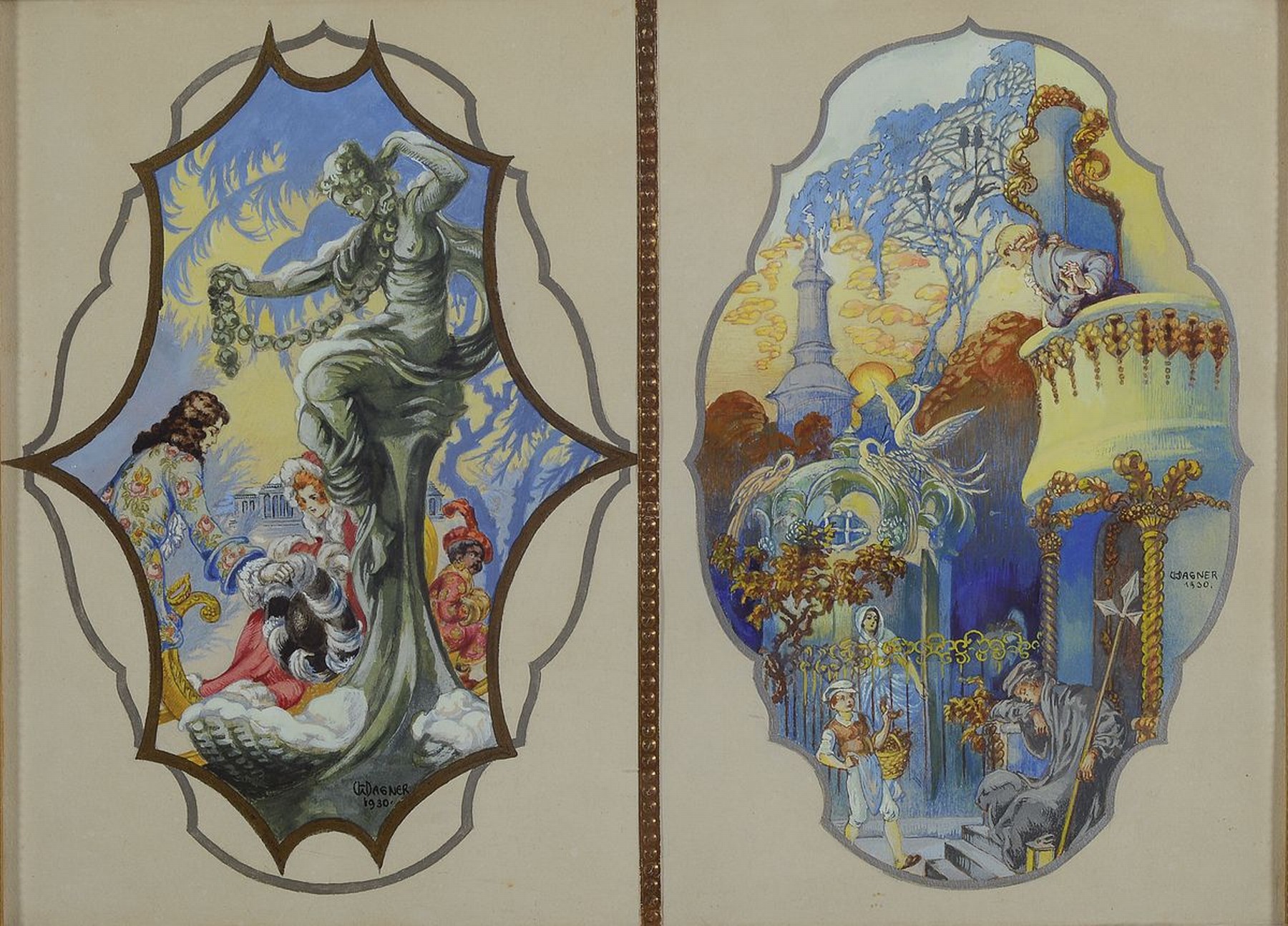 Hermine Wagner, datiert 1930, 2 Illustrationen, Aquarell und Gouache auf Papier, signiert und dat., je ca. 24x14cm, u.Gl., in einem Rahmen ca. ...