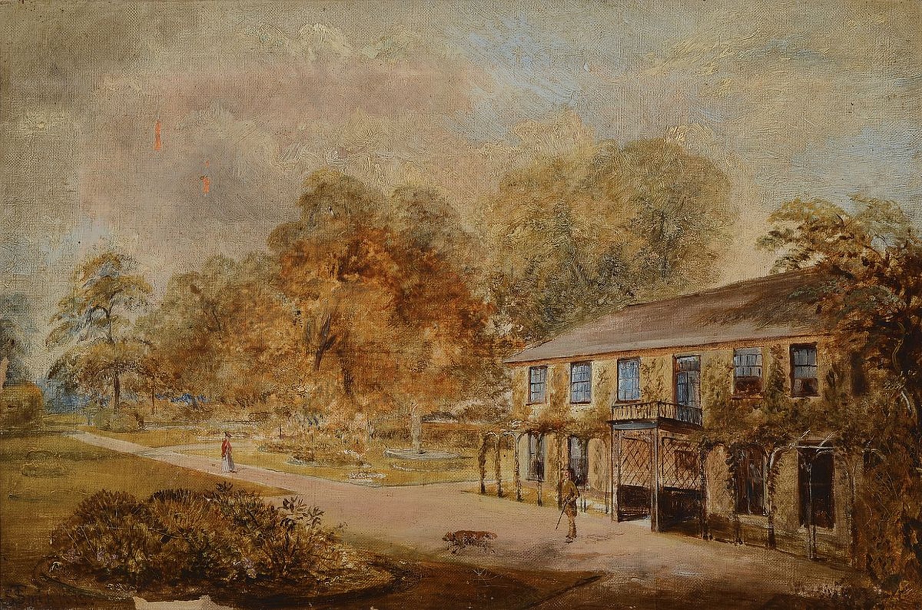 T.S. Smith, England, datiert 1872, Personen im Park vor einem herrschaftlichen Haus, Öl/Lwd, links unten signiert, mit kleineren altersbedingten ...