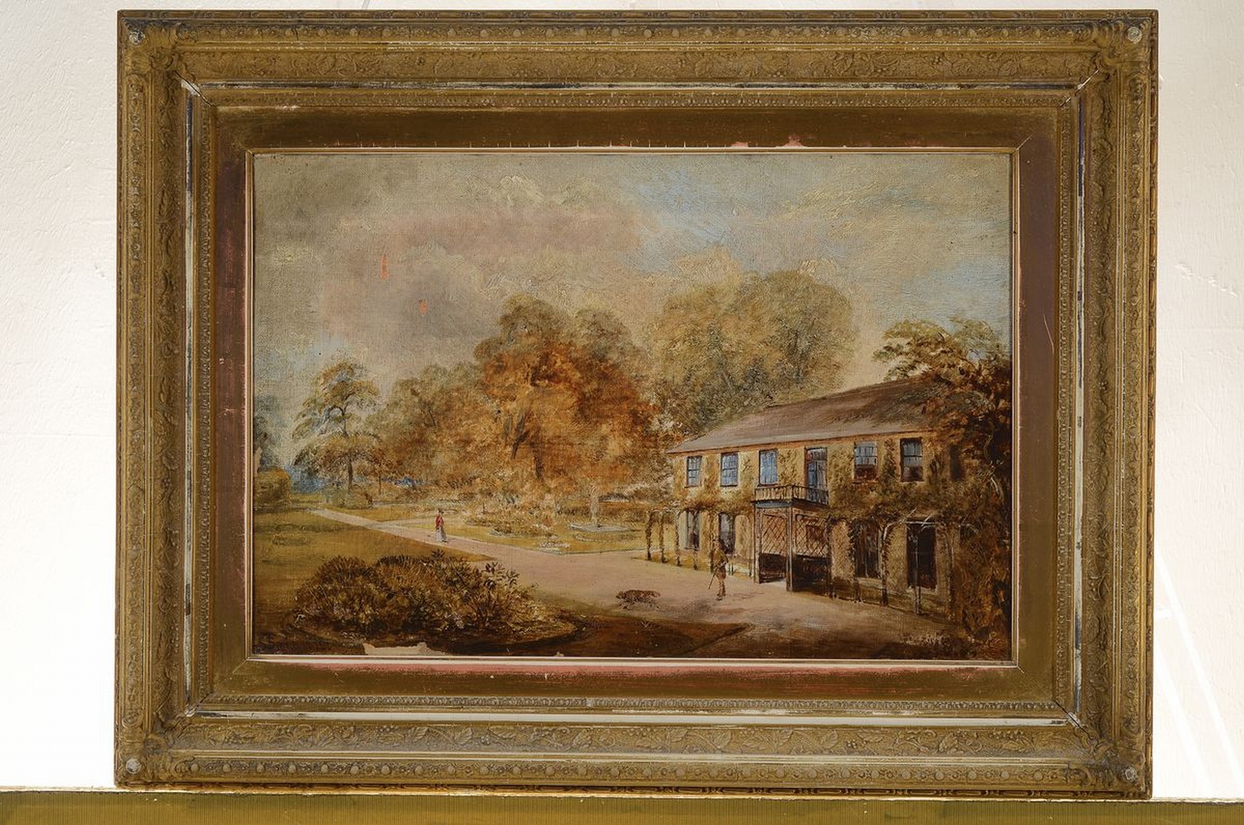 Detail k: T.S. Smith, England, datiert 1872, Personen im Park vor einem herrschaftlichen Haus, Öl/Lwd, links unten signiert, mit kleineren altersbedingten ...