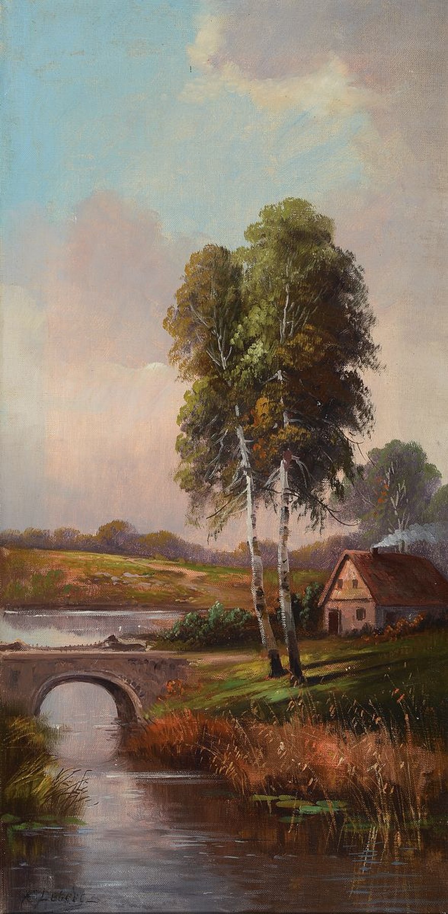 K. Lebert, Düsseldorfer Schule, um 1890-1900, Landschaft mit Bachlauf, Birke und Bauernhof, Öl/Lwd, links unten signiert, ca. 64x32cm, R. ca. ...