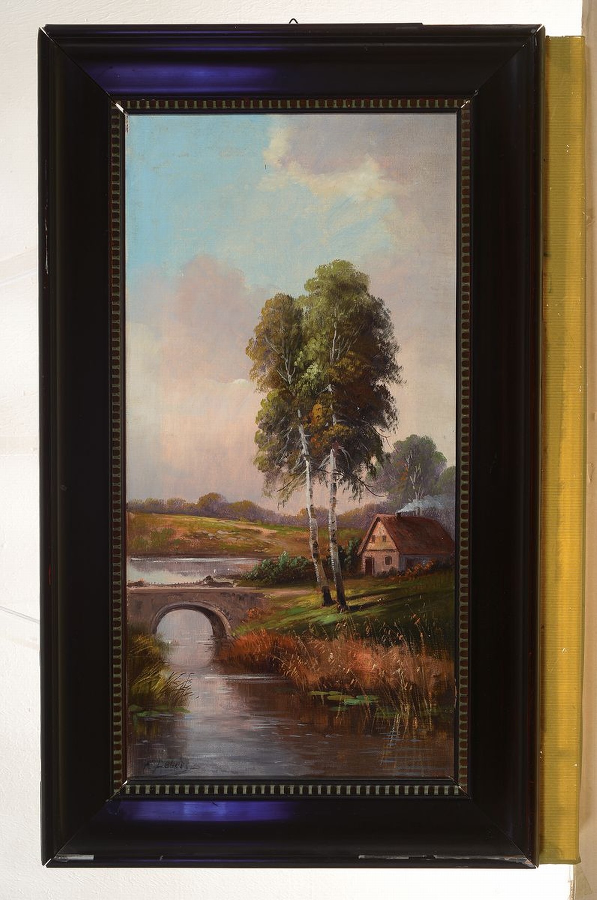 Detail k: K. Lebert, Düsseldorfer Schule, um 1890-1900, Landschaft mit Bachlauf, Birke und Bauernhof, Öl/Lwd, links unten signiert, ca. 64x32cm, R. ca. ...