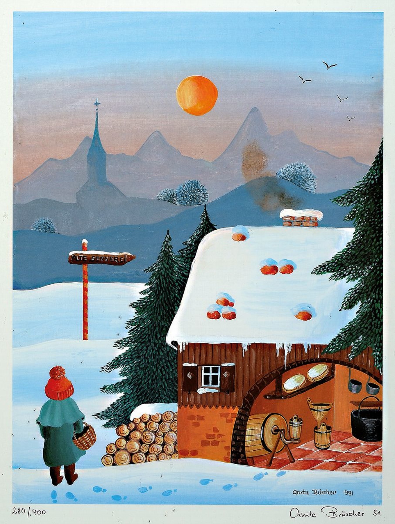 Anita Büscher, 1940-2012, Farblithografie, dat. 91, num. 280/400, unter Glas gerahmt, gesamt ca. 56x45 cm
