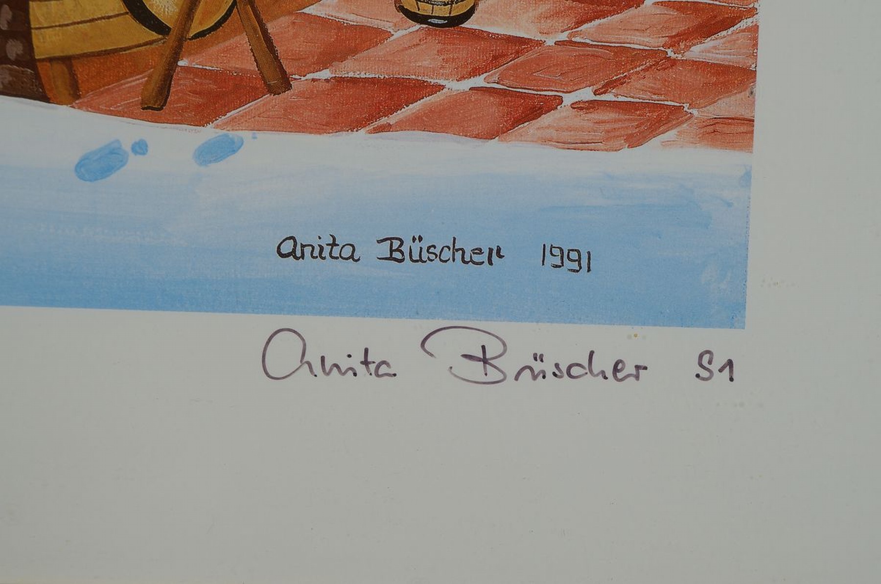 Detail c: Anita Büscher, 1940-2012, Farblithografie, dat. 91, num. 280/400, unter Glas gerahmt, gesamt ca. 56x45 cm