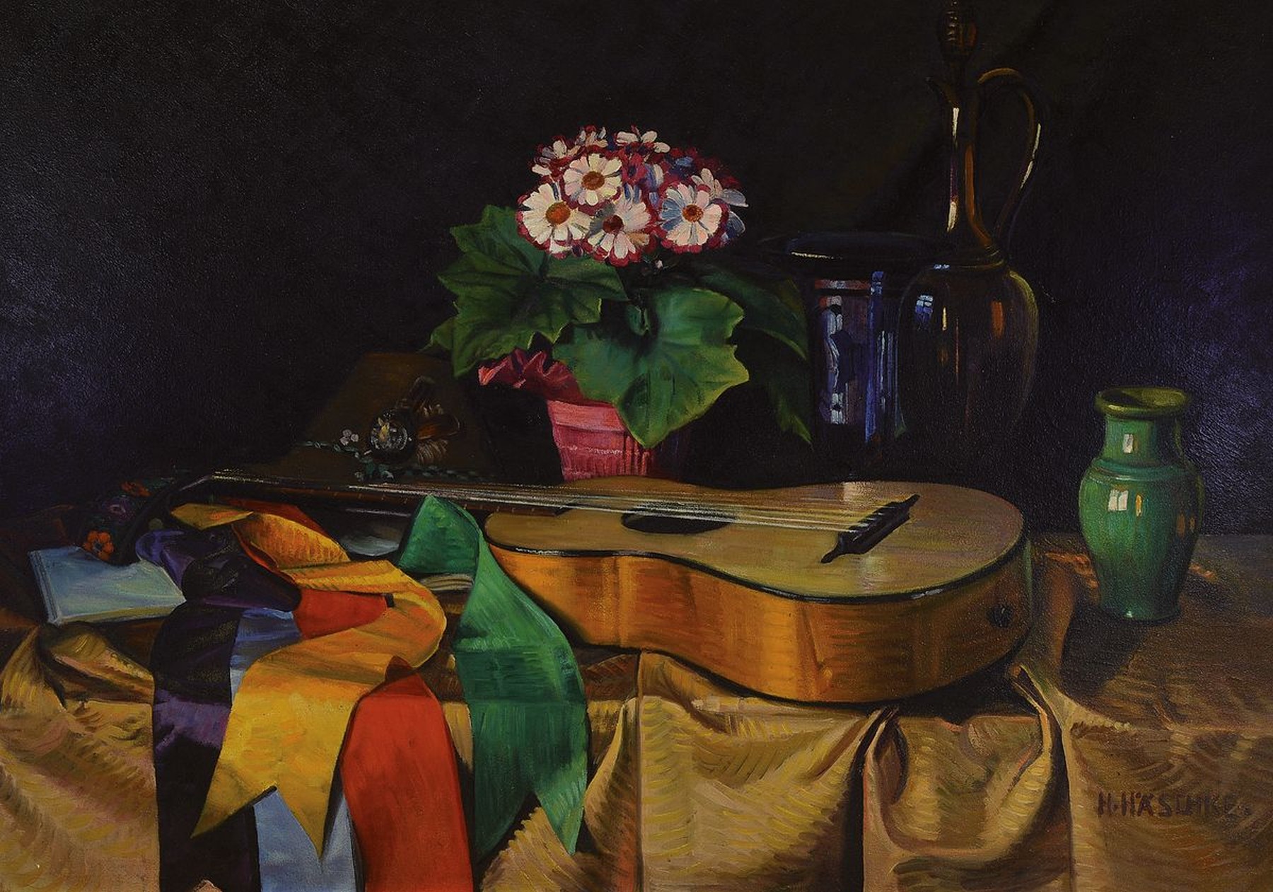 Hermann Häschke, Hamburger Künstler, Anfang 20. Jh., Stillleben mit Blumenvasen und Gitarre, Öl/Platte, rechts unten signiert, mit klaren ...