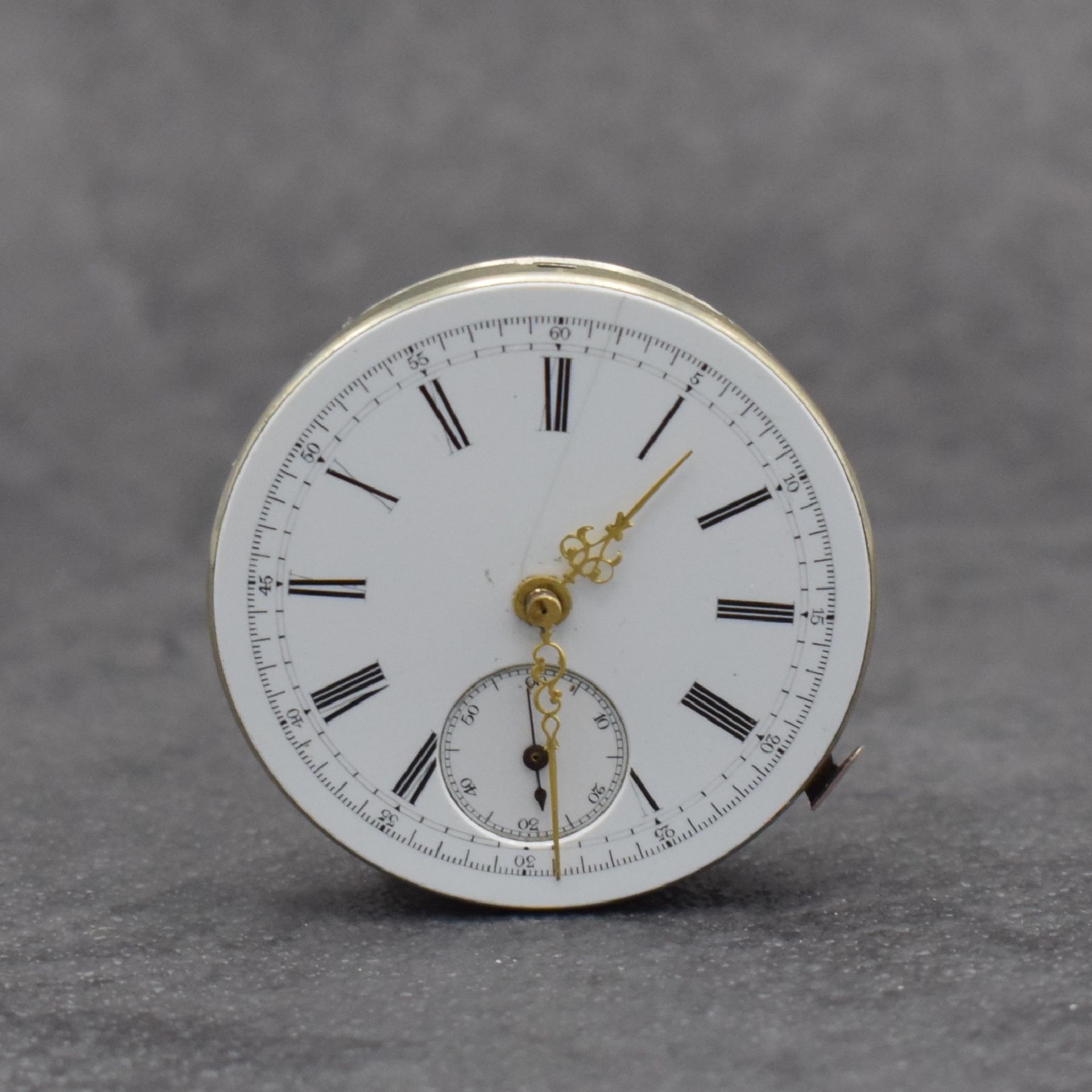 Detail c: Savonette-Werk mit Minuten-Repetition & Chronograph, Schweiz um 1890, Neusilberwerk m. Genfer Streifen, Kadratur m. Schaltrad, 3 verschr. Chatons, ...