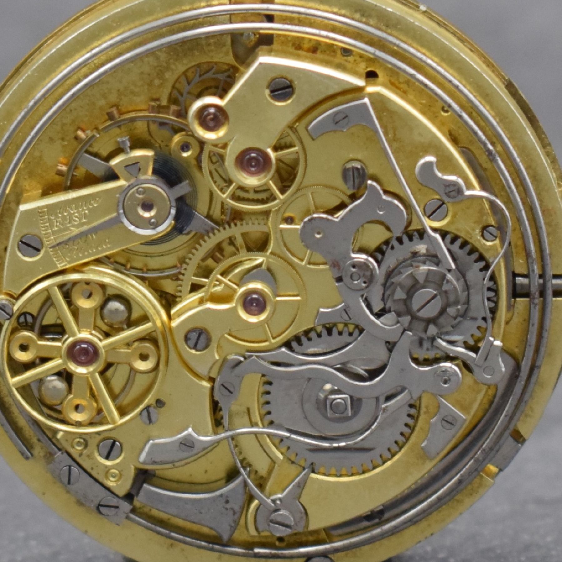 Detail b: J.CADET-PICARD Savonette-Werk mit Chronograph & Minutenrepetition, Schweiz um 1910, verg. Ankerwerk, Komp.-Unruh m. Breg.-Spir., pol. Kadratur m. ...