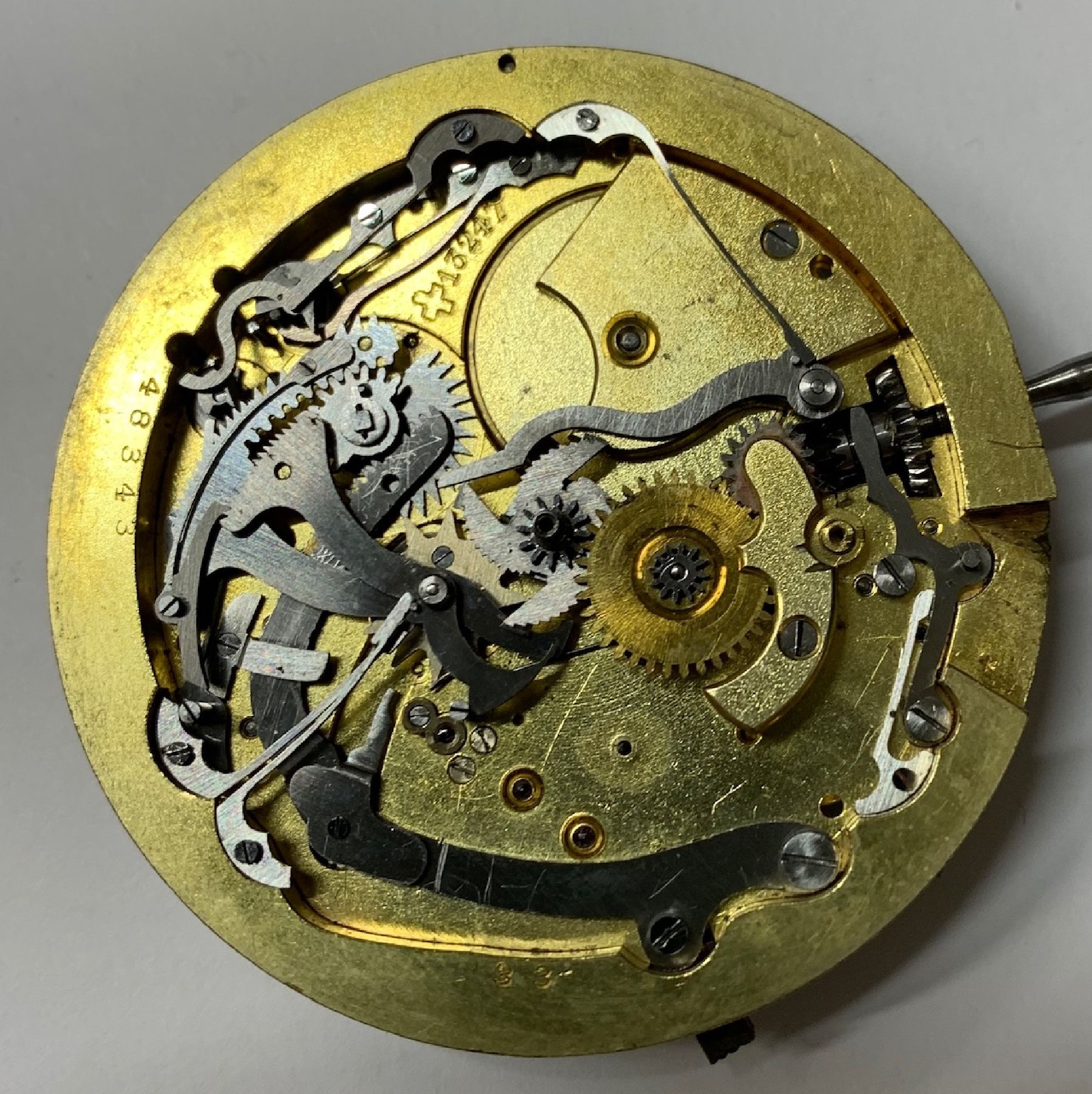 Detail d: J.CADET-PICARD Savonette-Werk mit Chronograph & Minutenrepetition, Schweiz um 1910, verg. Ankerwerk, Komp.-Unruh m. Breg.-Spir., pol. Kadratur m. ...