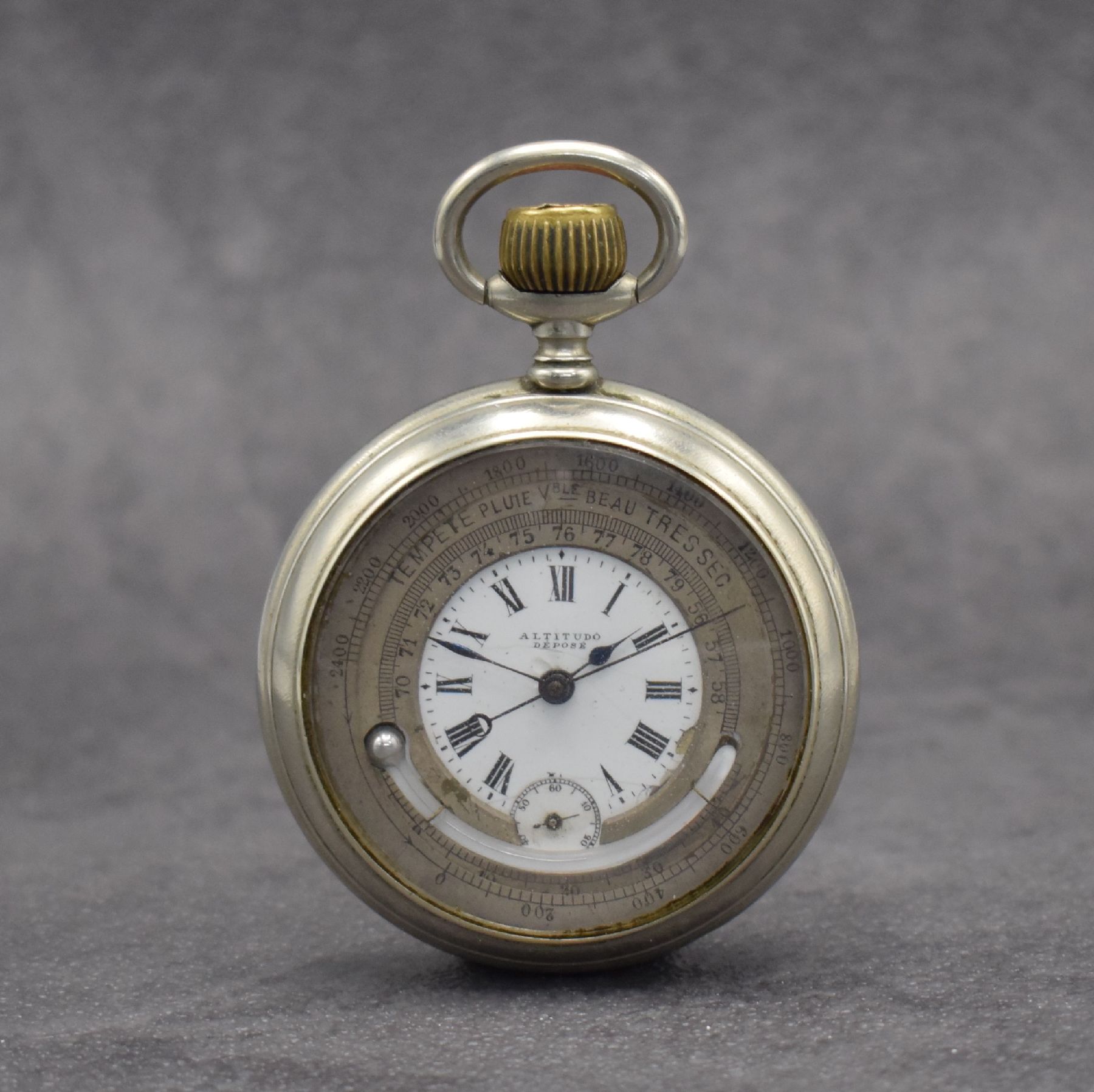 ALTITUDO Nickeltaschenuhr mit Barometer & Thermometer, Schweiz um 1890, glattes Geh., zentrales Emailzifferbl. besch., kl. Sek. b. 6, vers. ...