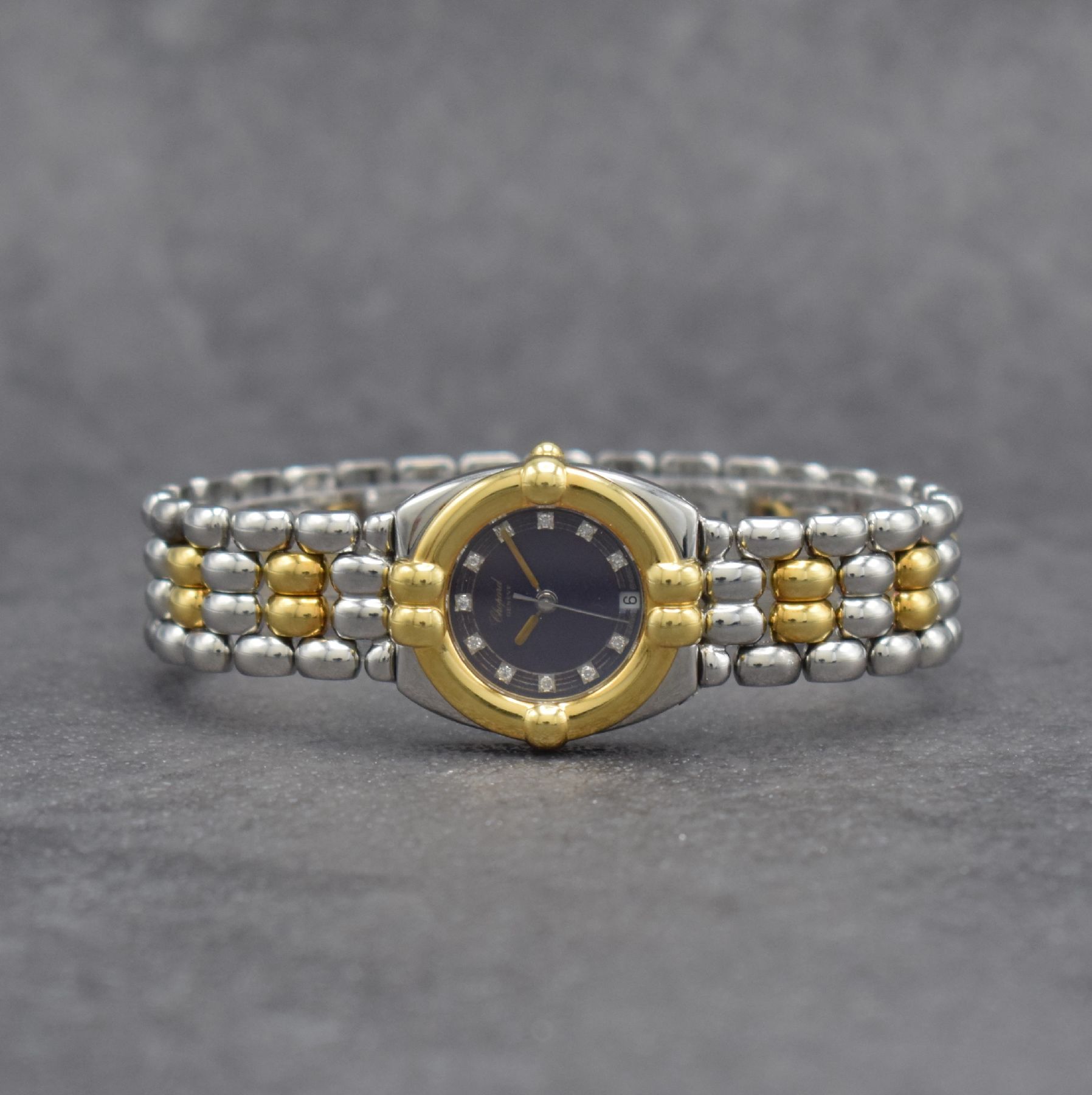 CHOPARD Gstaad Damenuhr in Stahl/Gold mit Diamantbesetztem Zifferblatt, Schweiz um 2000, quarz, 2-tlg. Geh., von unten 4-fach verschr. Goldlünette, ...