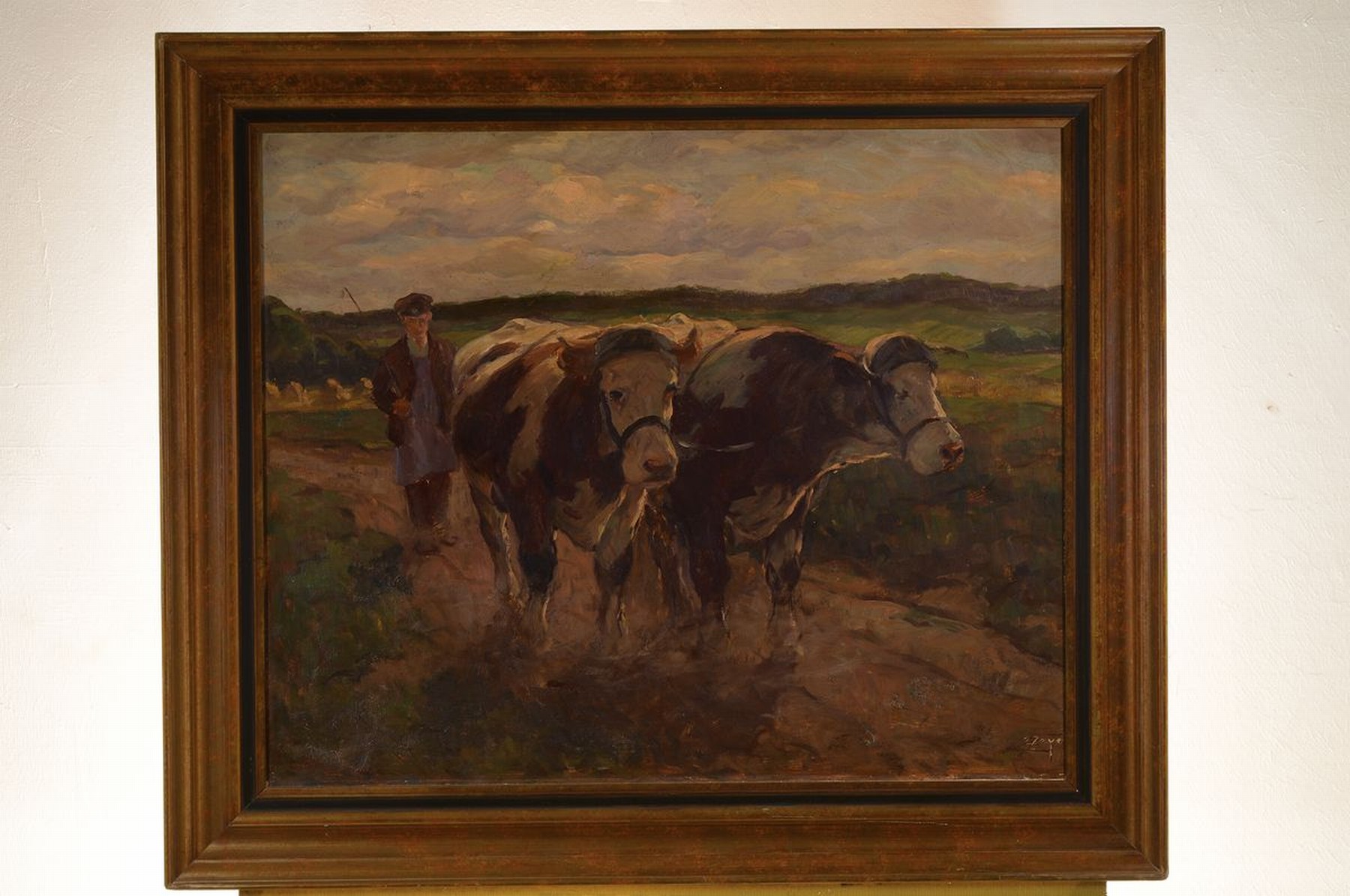 Detail k: Erich Zeyer, 1903 Stuttgart-1960, Bauer treibt zwei Kühe vor sich her, Öl/ Malkarton, rechts unten signiert, ca. 60x73cm, R. ca. 73x90cm