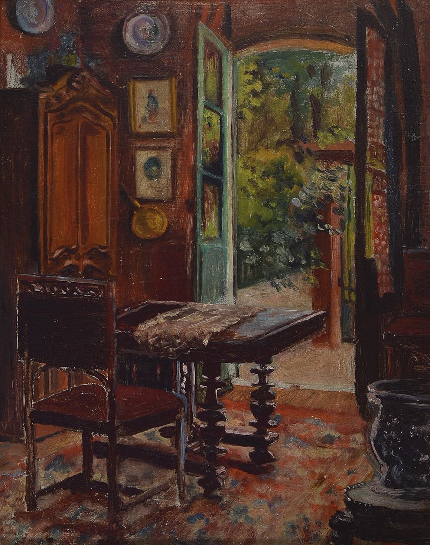 Unbekannter Künstler des Jugendstils, um 1900, Interieur mit geöffneter Terrassentür,Öl/Holz, ca. 24x18cm, R. ca. 36.5x31.5cm
