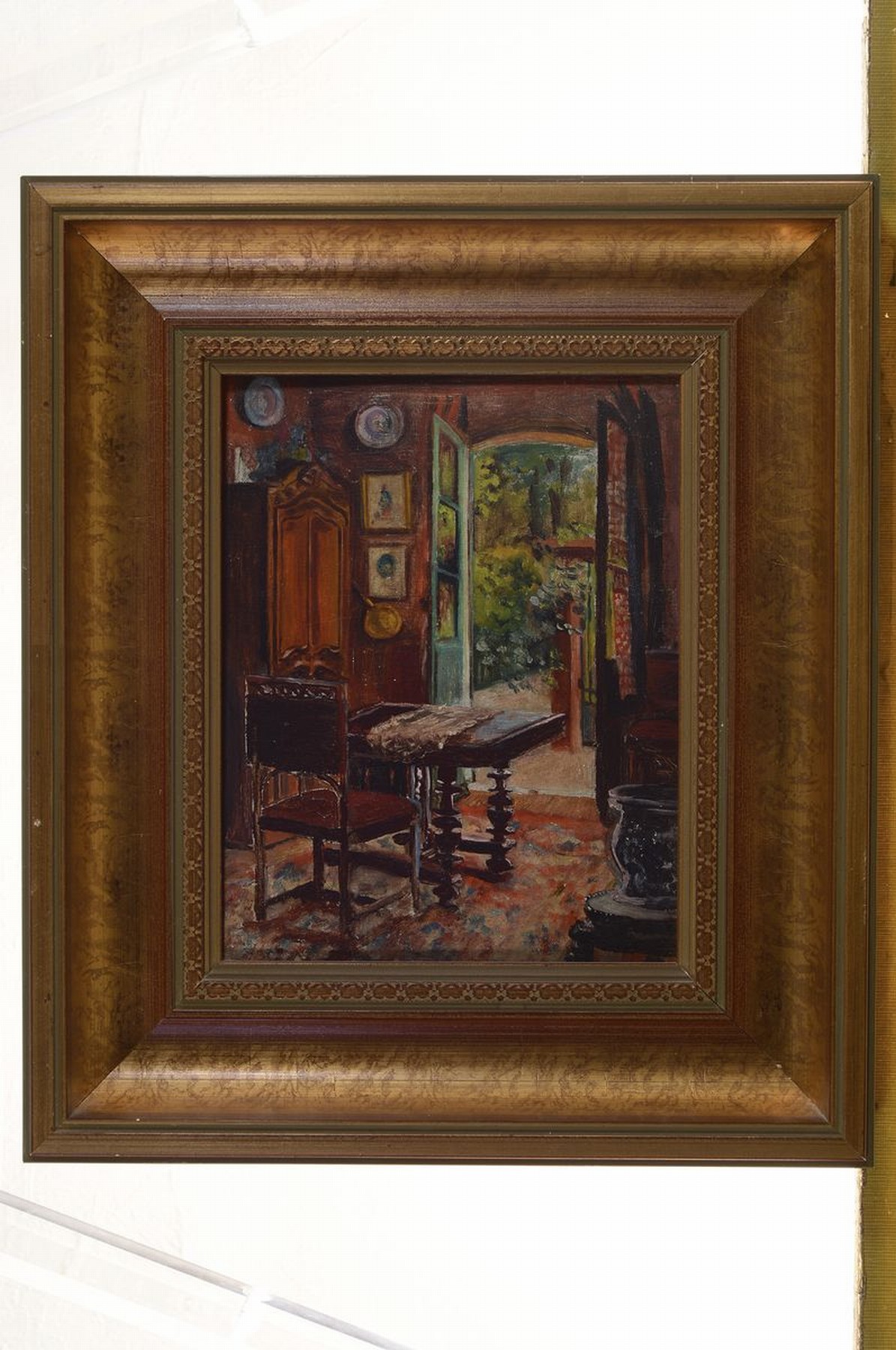 Detail k: Unbekannter Künstler des Jugendstils, um 1900, Interieur mit geöffneter Terrassentür,Öl/Holz, ca. 24x18cm, R. ca. 36.5x31.5cm