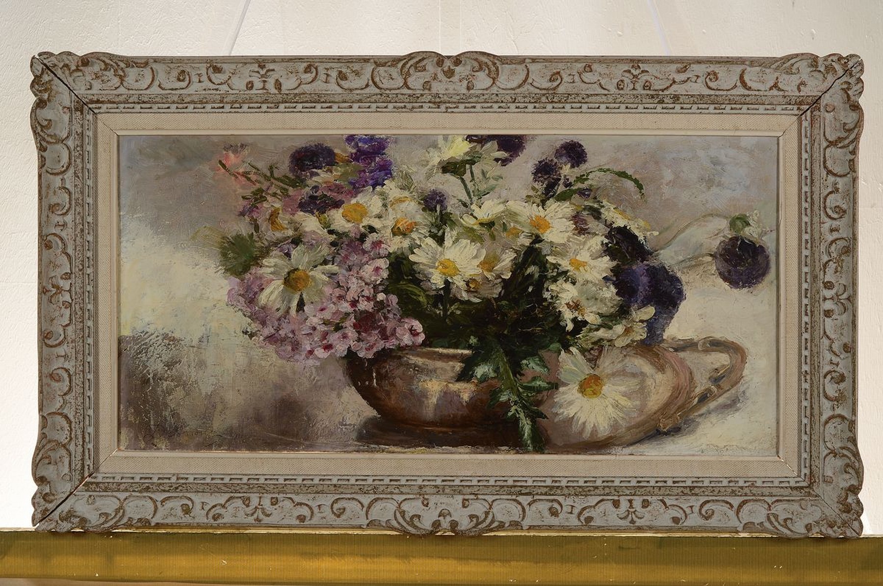 Detail k: Unbekannter Künstler, deutsch, um 1900, Blumenstillleben, Öl/LWd, unsigniert, rest., ca. 28x58cm, R. ca. 41x70cm