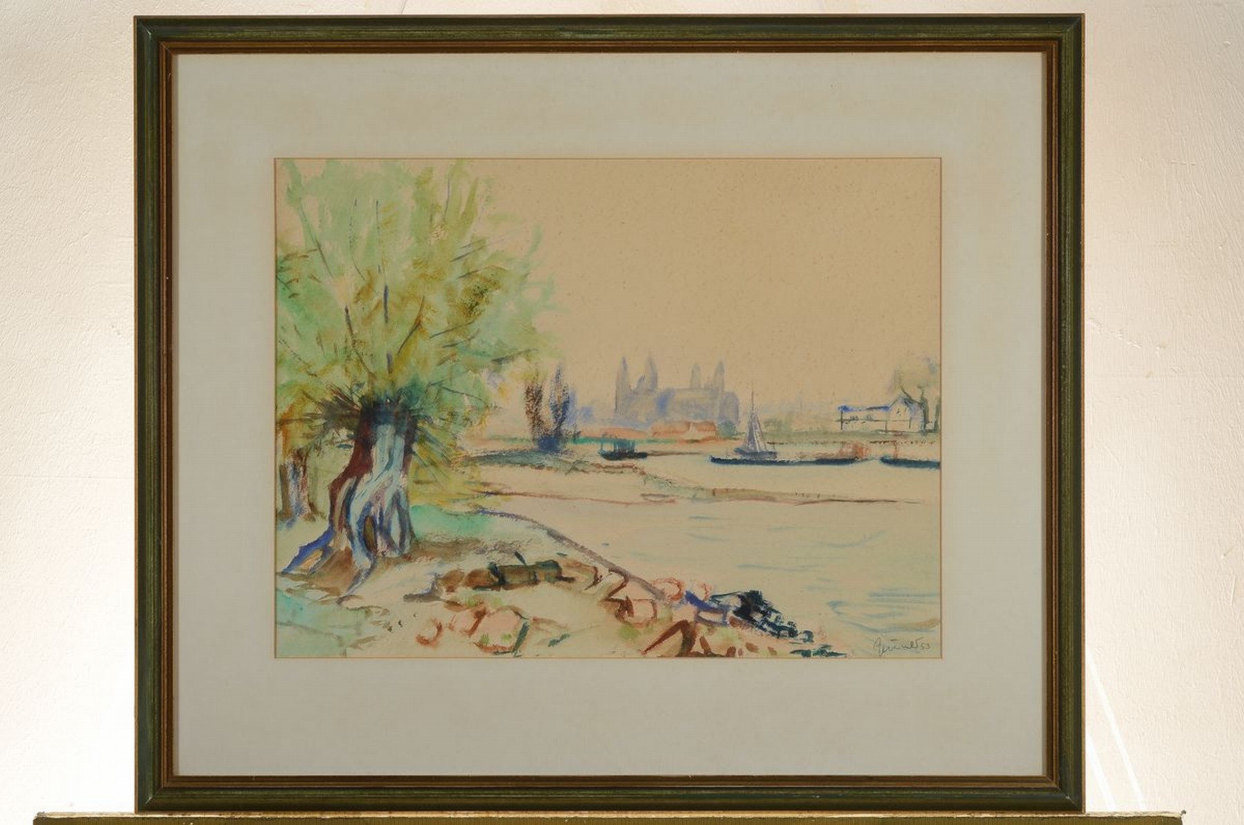 Detail k: Georg Günter Zeuner, 1923 Dresden-2011 Speyer, Blick über den Rhein auf den Dom zu Speyer, Aquarell auf Papier, leicht gebräunt, rechts unten ...